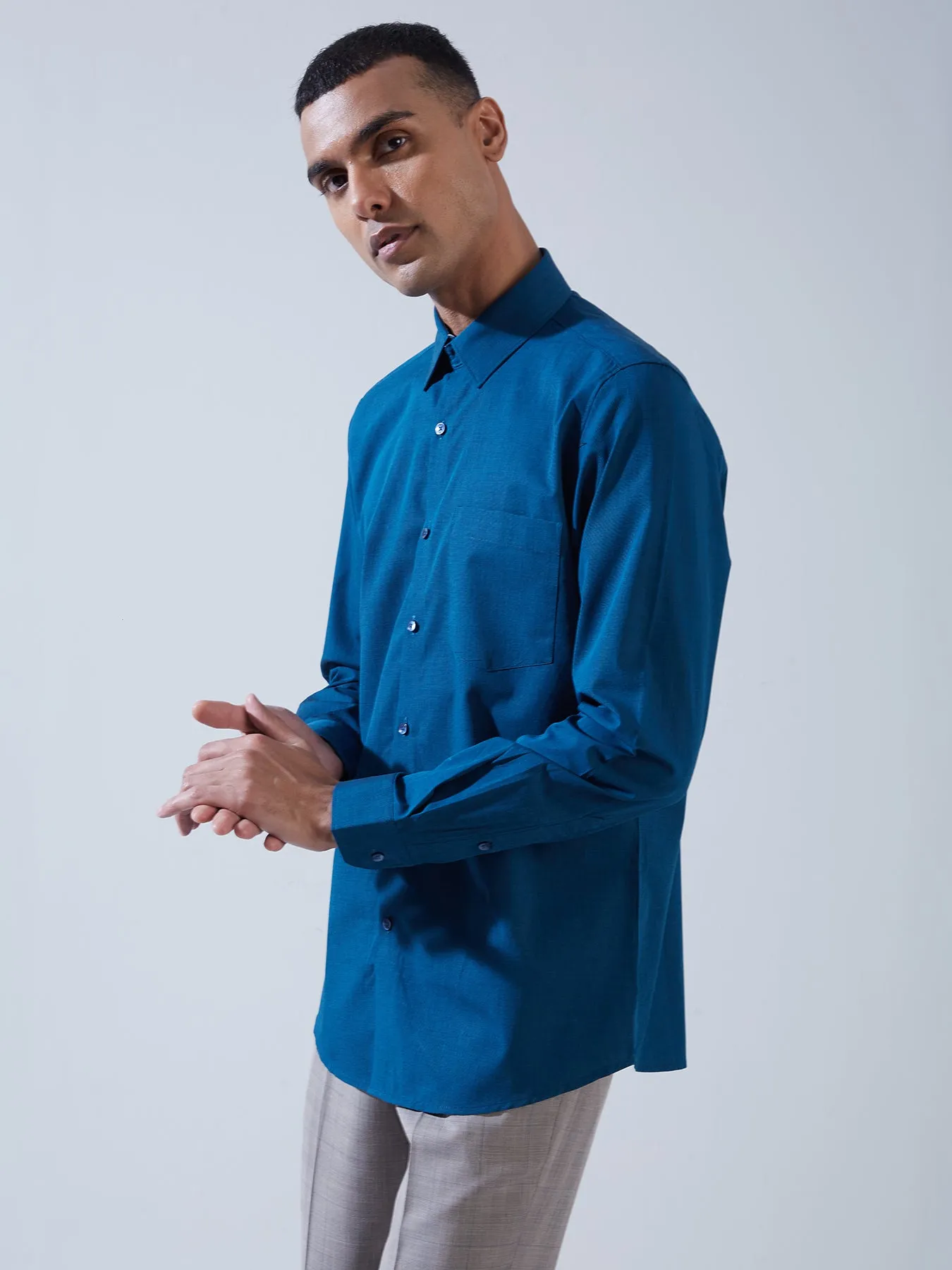 100% Cotton Teal Blue SLIM FIT Full Sleeve Formal Mens Plain Shirt