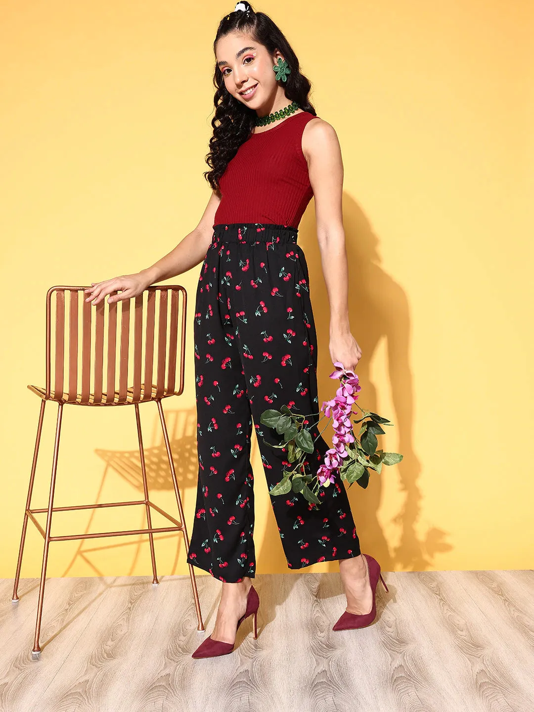 Berrylush Women Black & Red Cherry Printed Loose-Fit High-Rise Paperbag Waist Trousers