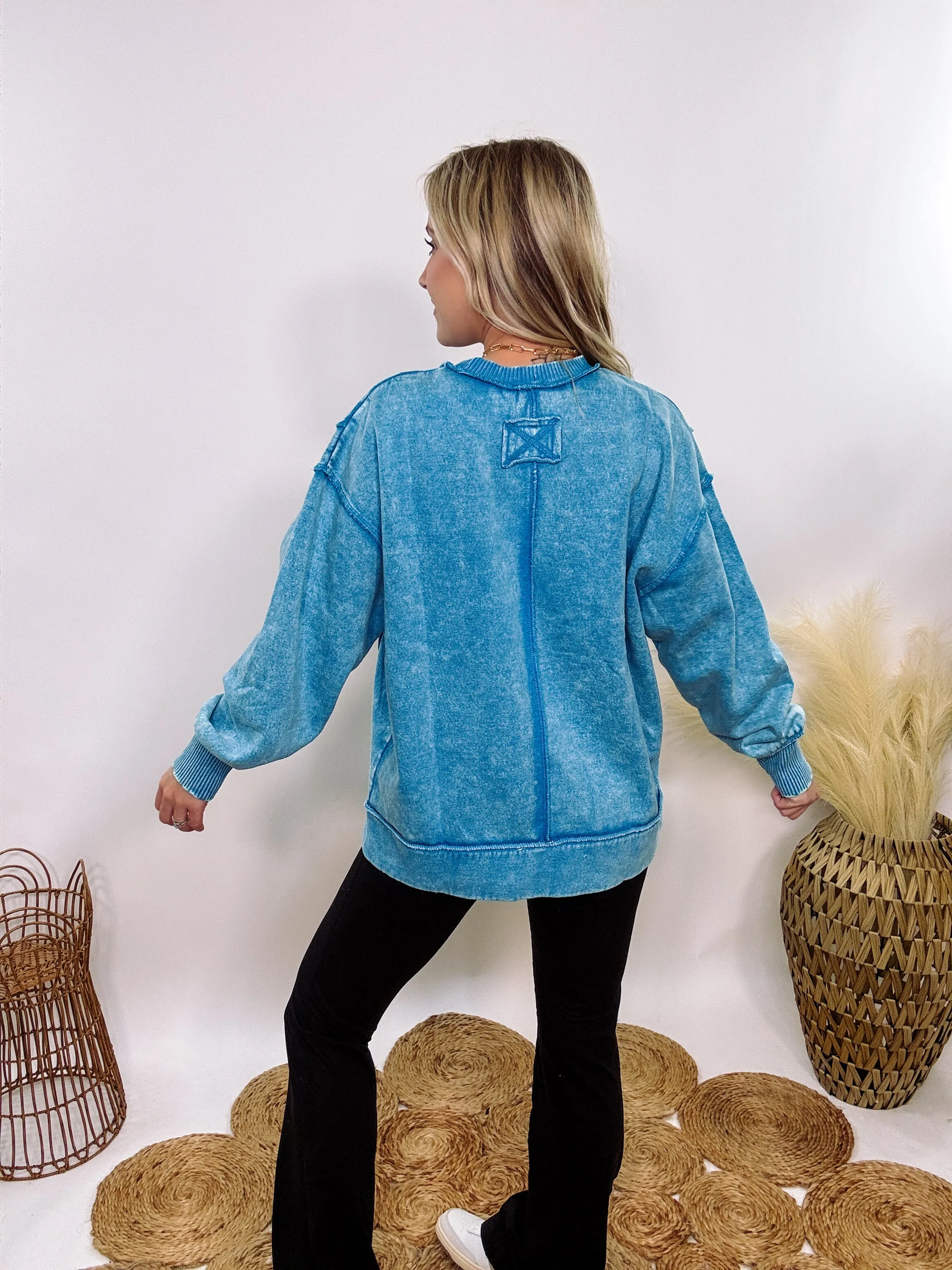 Blue Acid Washed Exposed Seam Fleece Sweatshirt Pullover