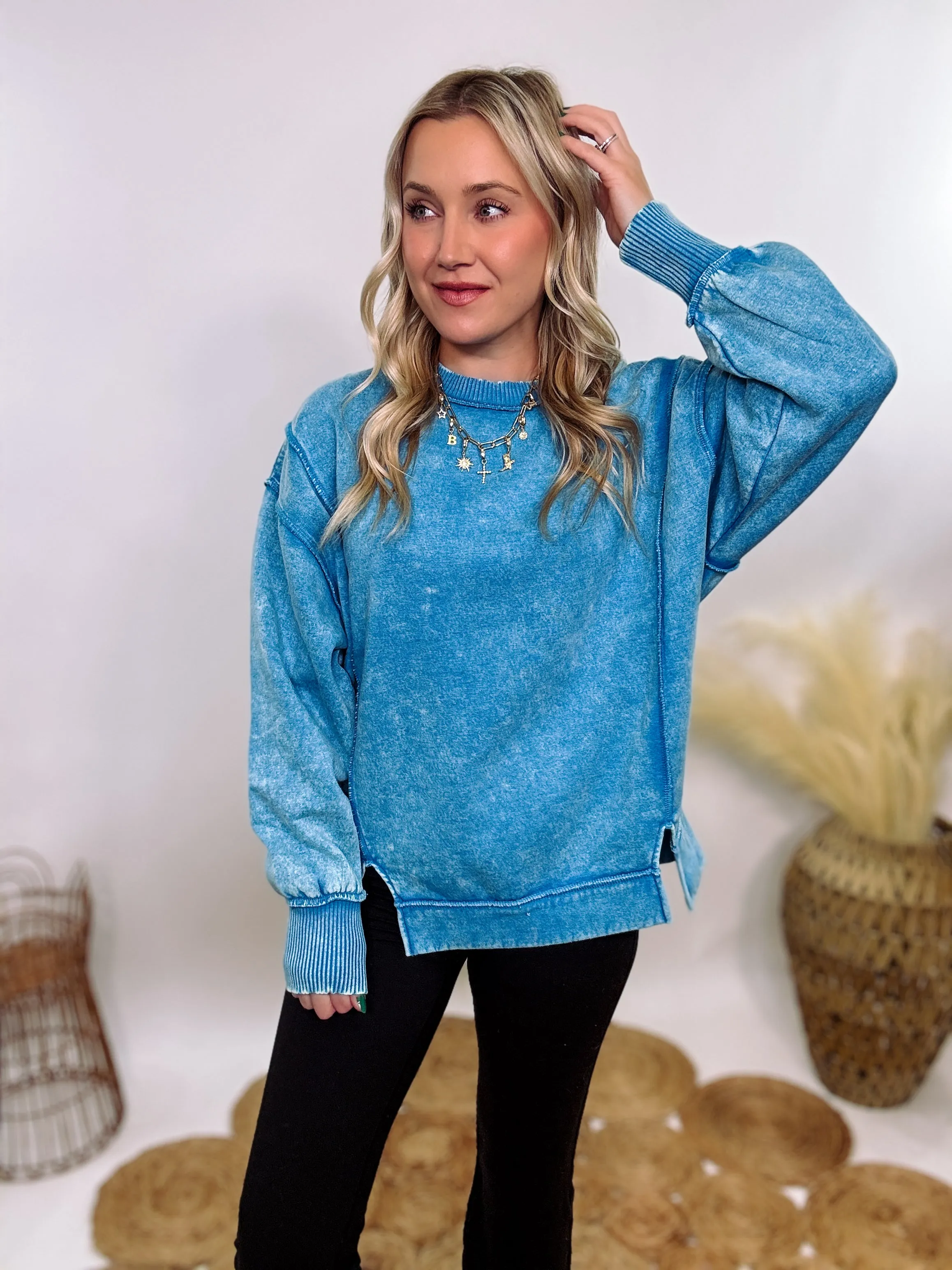 Blue Acid Washed Exposed Seam Fleece Sweatshirt Pullover