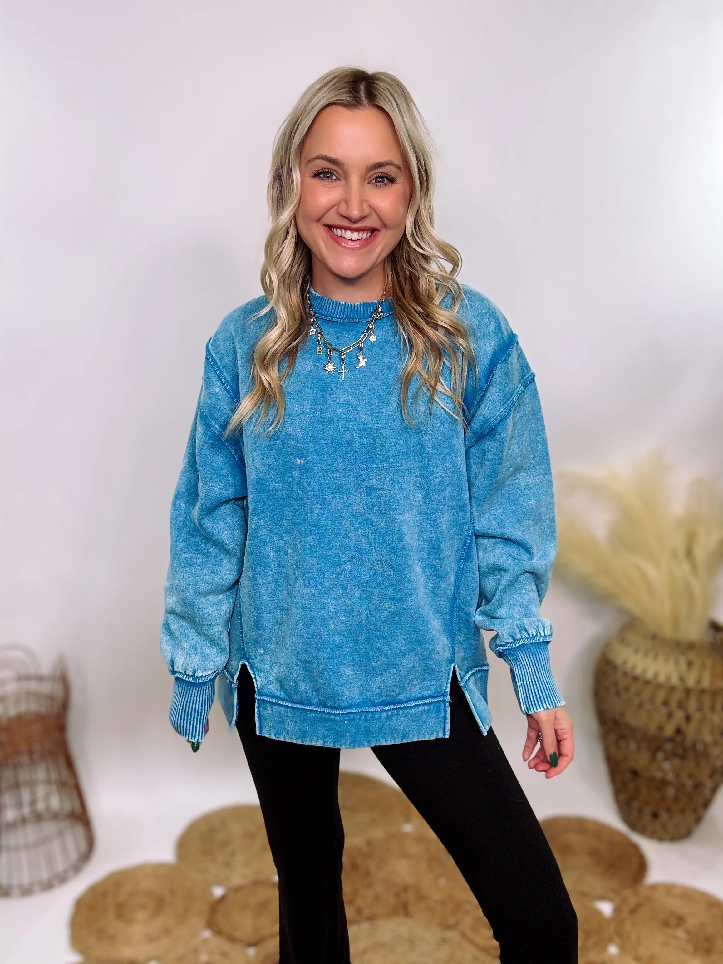 Blue Acid Washed Exposed Seam Fleece Sweatshirt Pullover