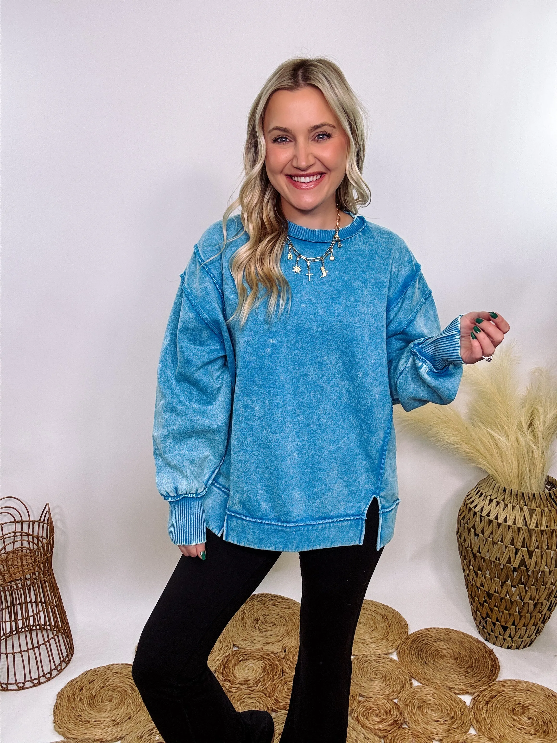 Blue Acid Washed Exposed Seam Fleece Sweatshirt Pullover