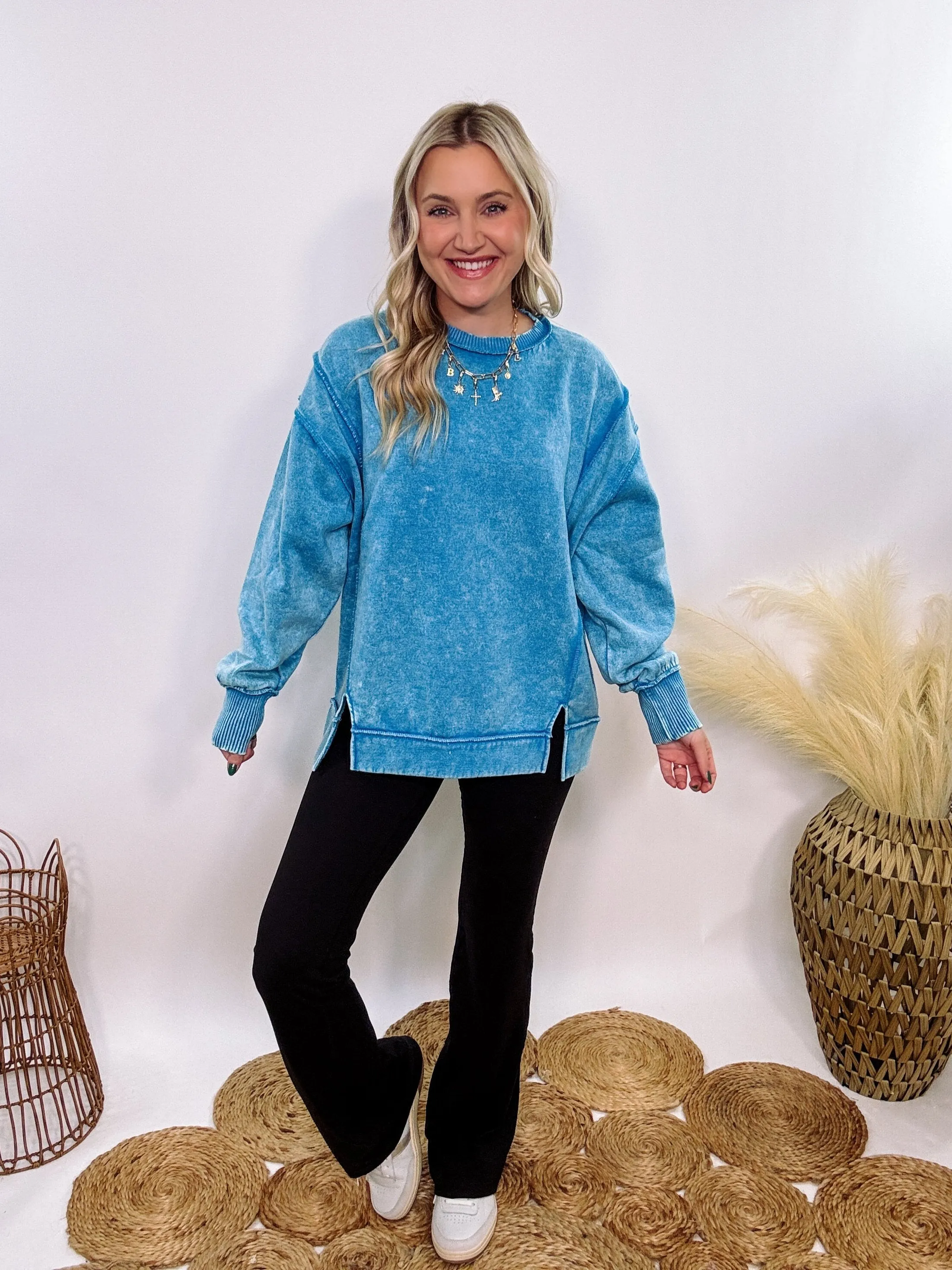 Blue Acid Washed Exposed Seam Fleece Sweatshirt Pullover