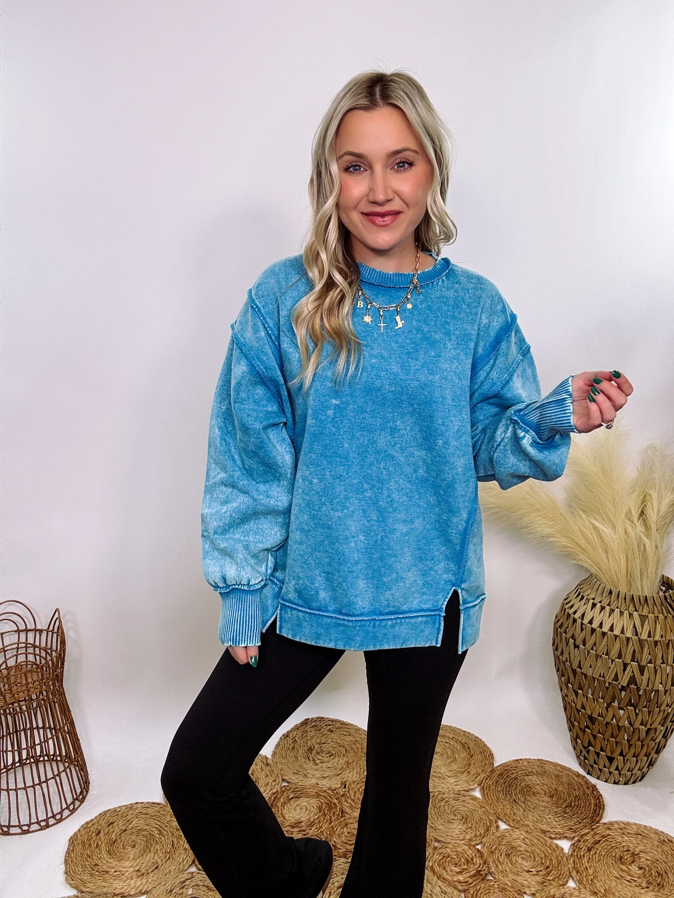 Blue Acid Washed Exposed Seam Fleece Sweatshirt Pullover