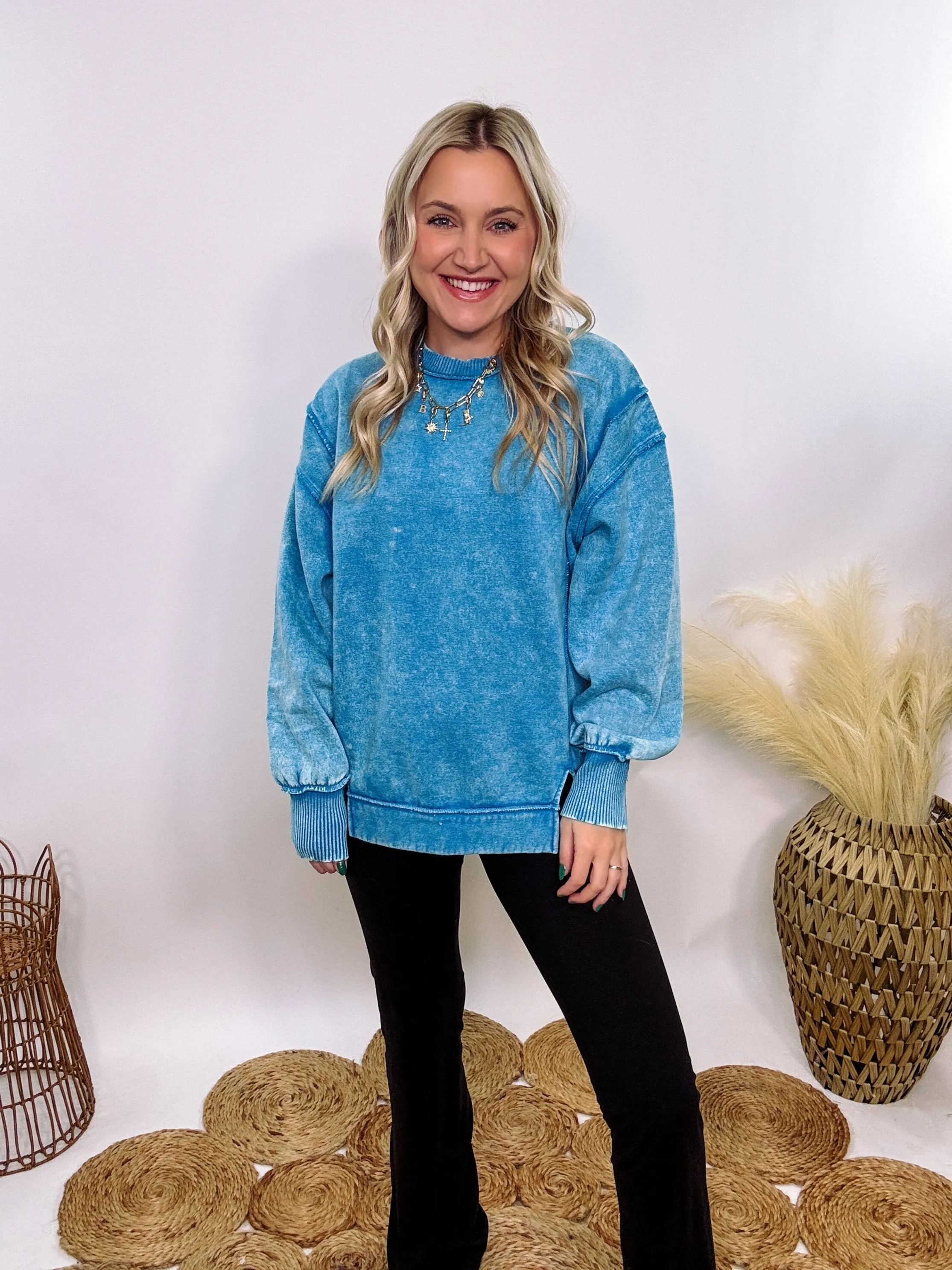 Blue Acid Washed Exposed Seam Fleece Sweatshirt Pullover