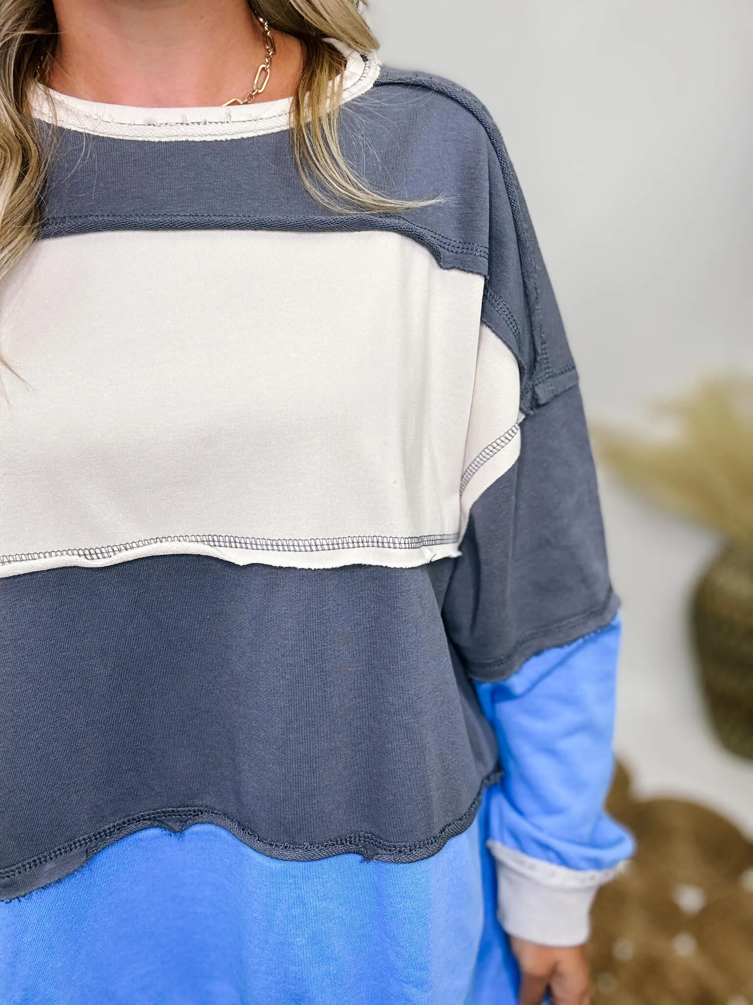 Blue Colorblock Oversized Sweatshirt with Pockets