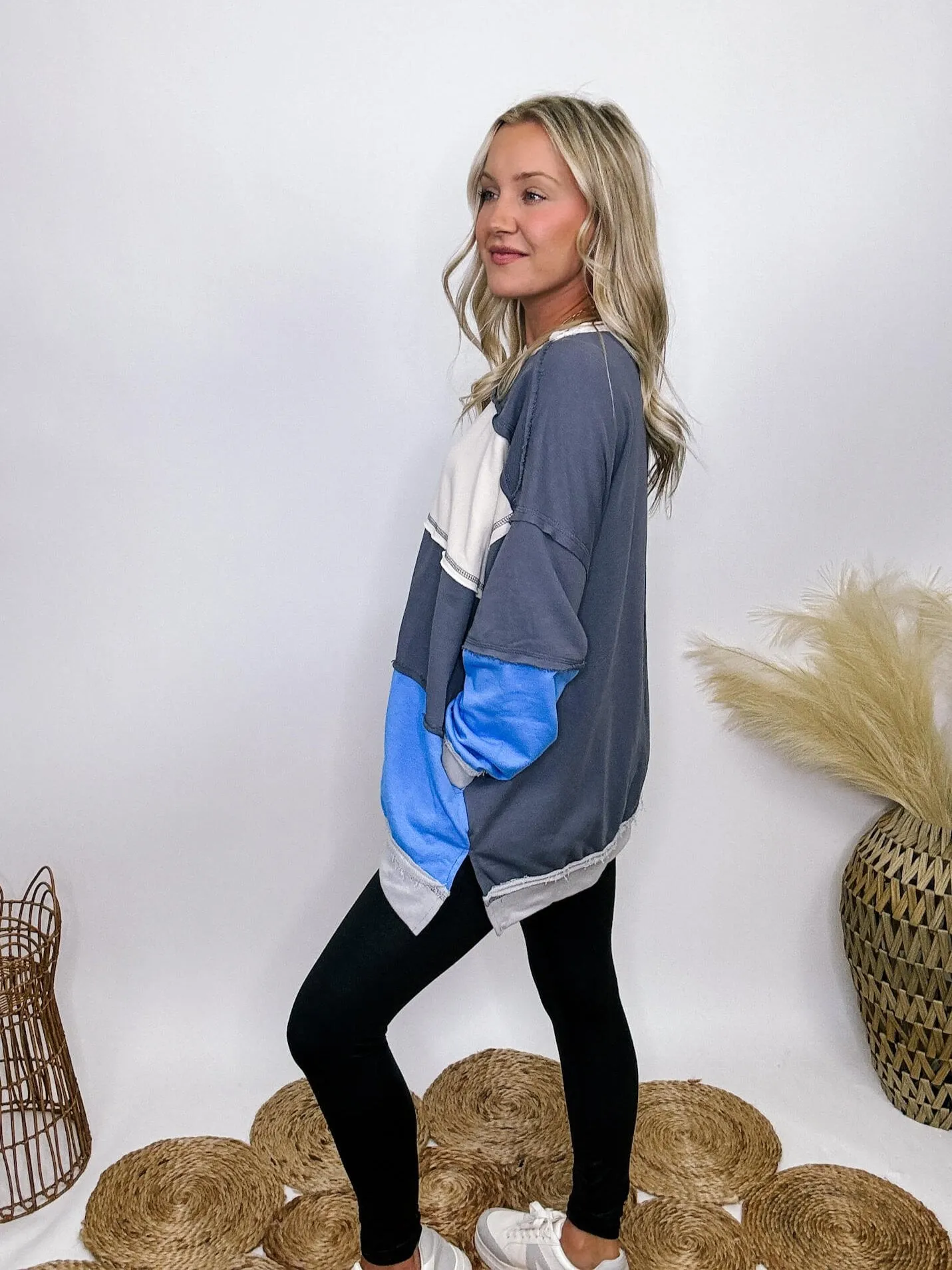 Blue Colorblock Oversized Sweatshirt with Pockets