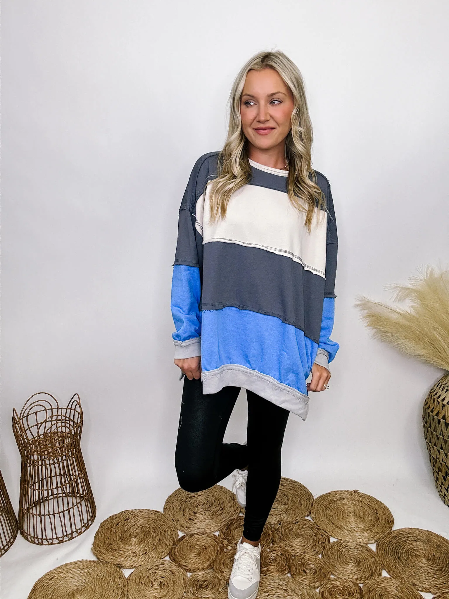 Blue Colorblock Oversized Sweatshirt with Pockets