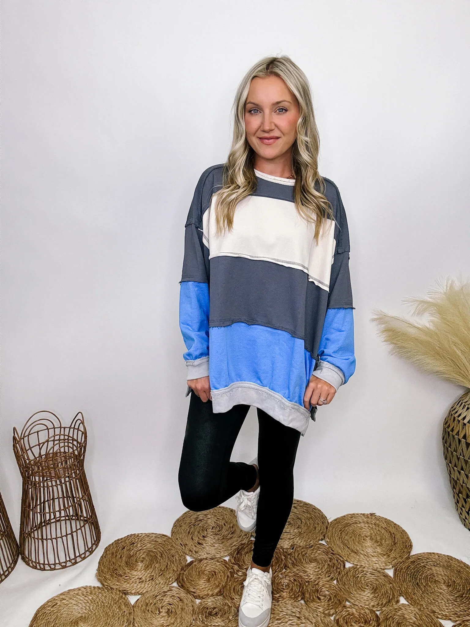 Blue Colorblock Oversized Sweatshirt with Pockets