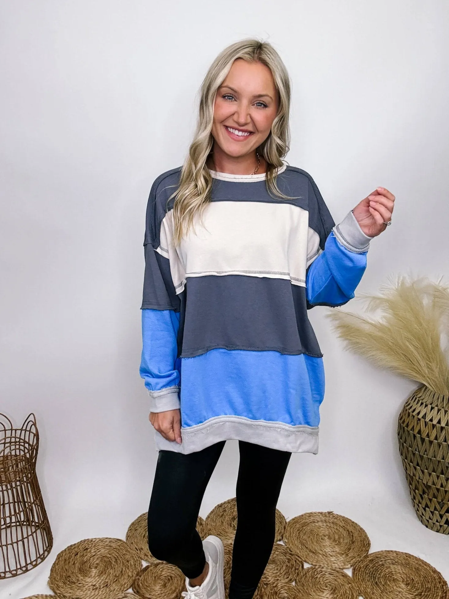 Blue Colorblock Oversized Sweatshirt with Pockets