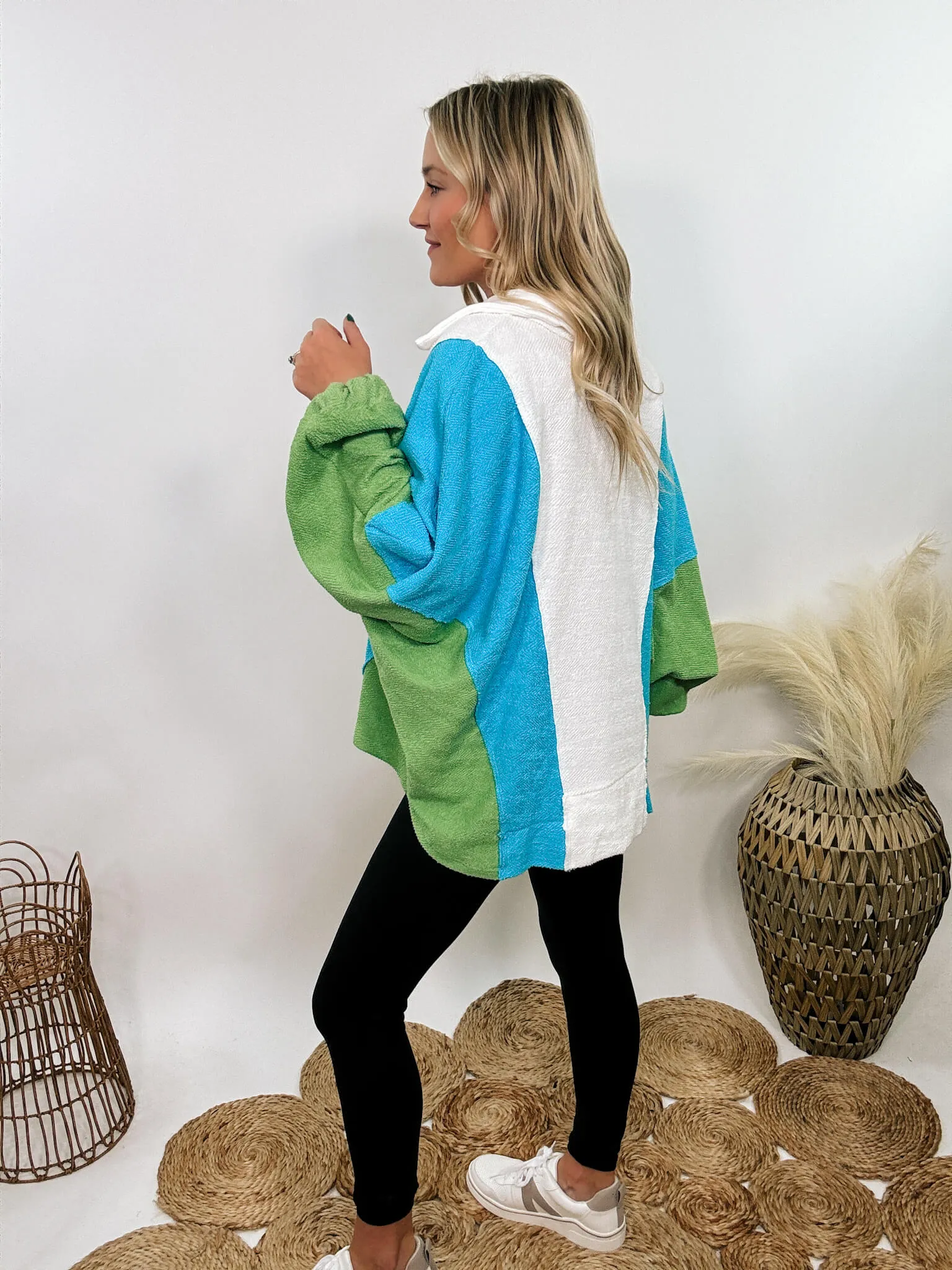 Blue, Green and White Reverse French Terry Oversized Pullover