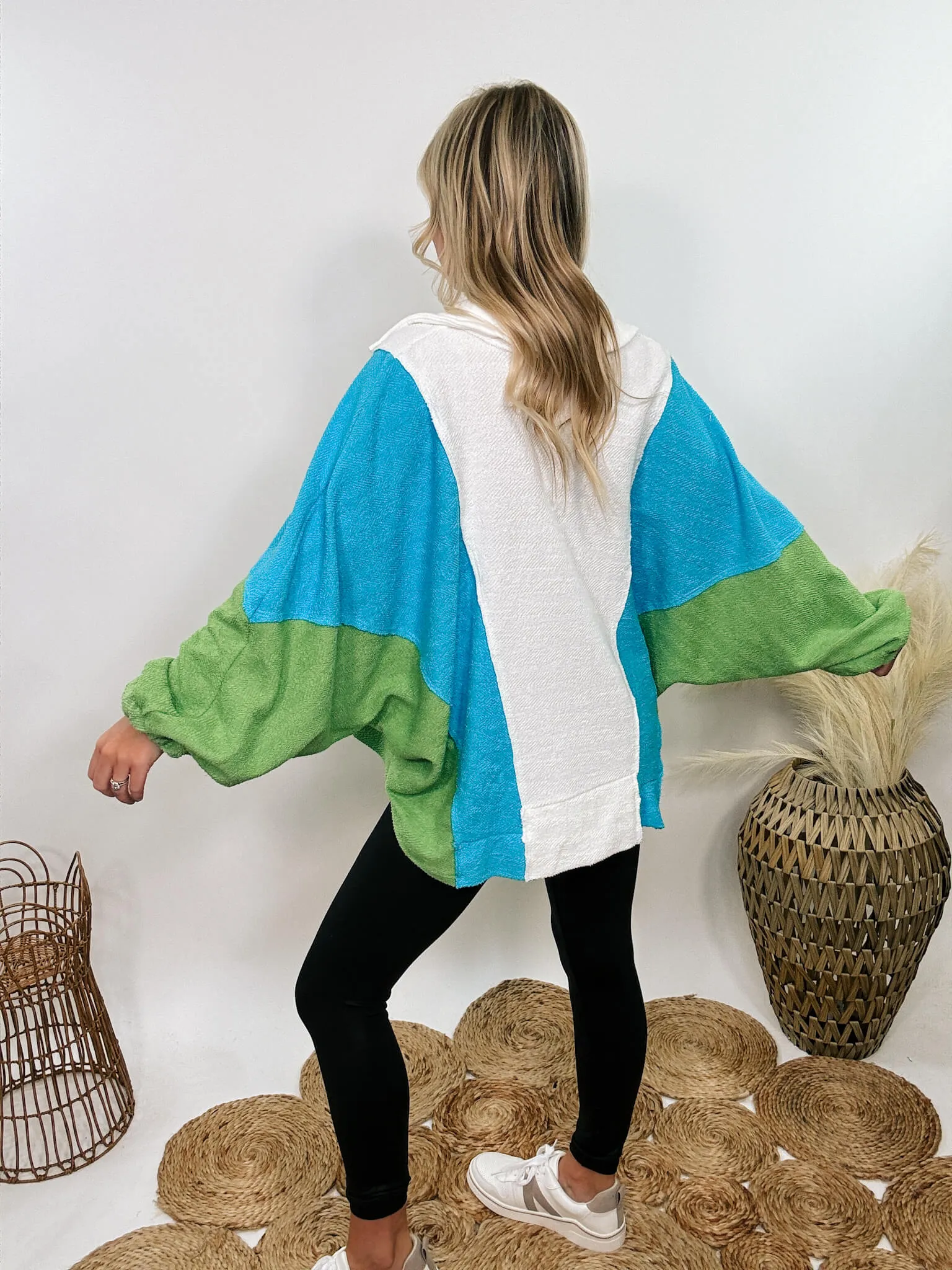 Blue, Green and White Reverse French Terry Oversized Pullover