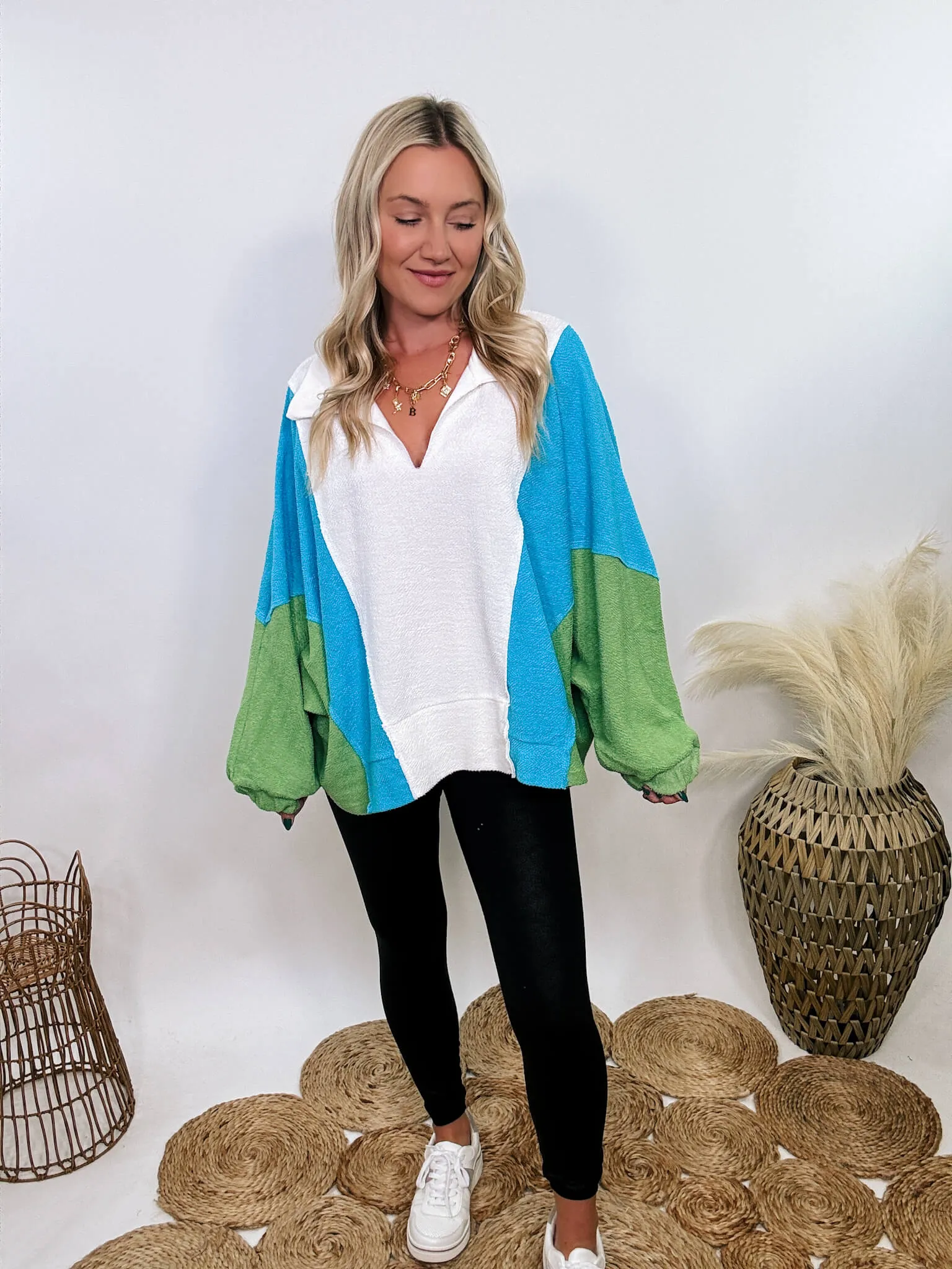 Blue, Green and White Reverse French Terry Oversized Pullover