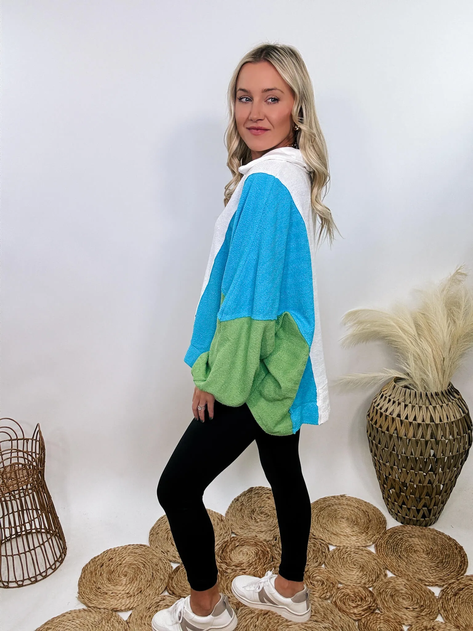 Blue, Green and White Reverse French Terry Oversized Pullover