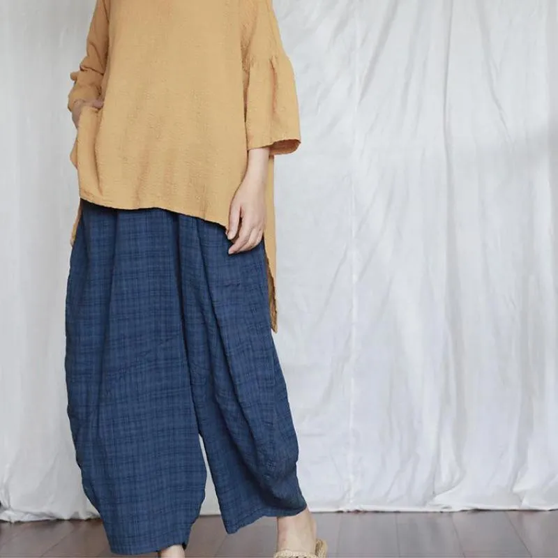 Blue Plaid Cotton Linen Pants | Lotus