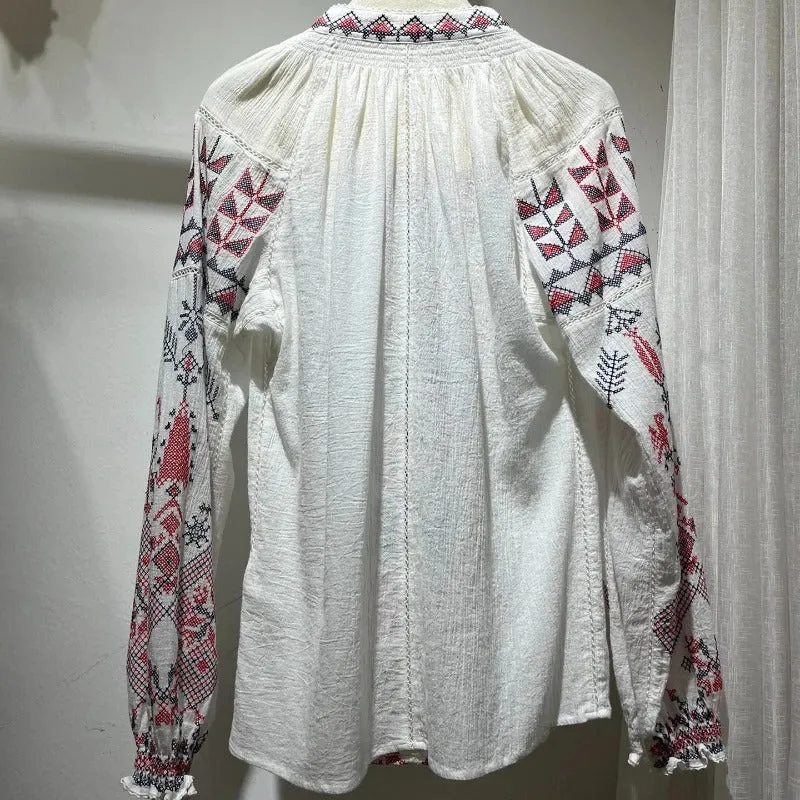 Bohemian Embroidered Geometric V-Neck Blouse for Women