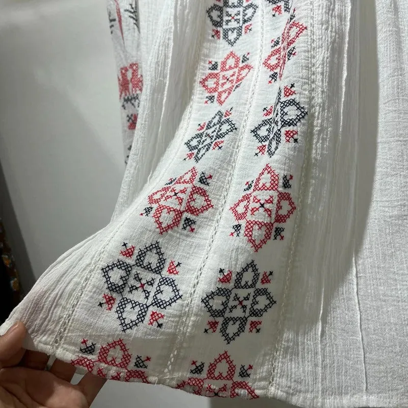 Bohemian Embroidered Geometric V-Neck Blouse for Women