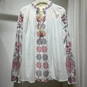 Bohemian Embroidered Geometric V-Neck Blouse for Women