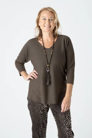 Brown Poly/Cotton 3/4 Sleeve Top