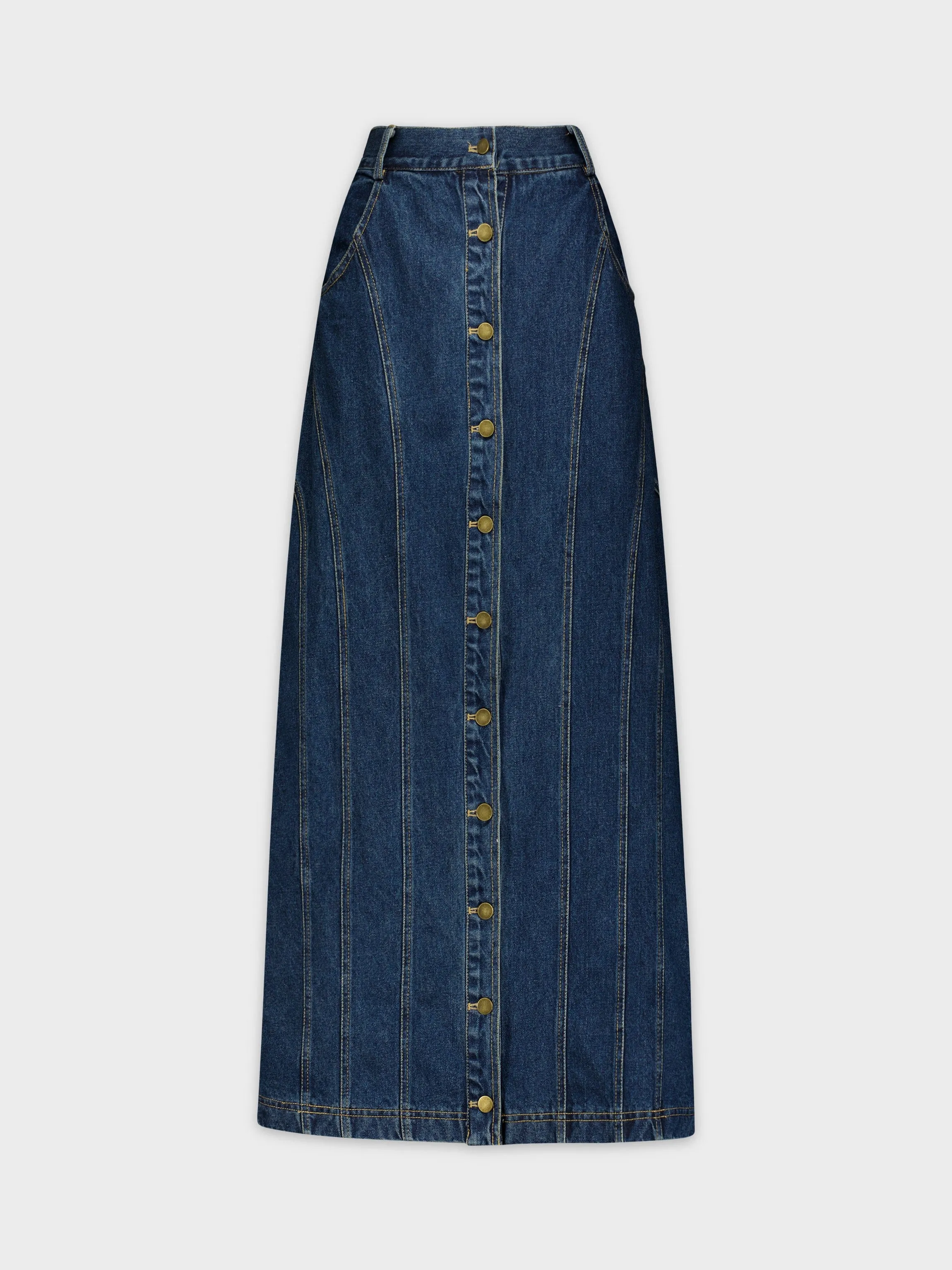 BUTTON DOWN SEAMED DENIM SKIRT-BLUE