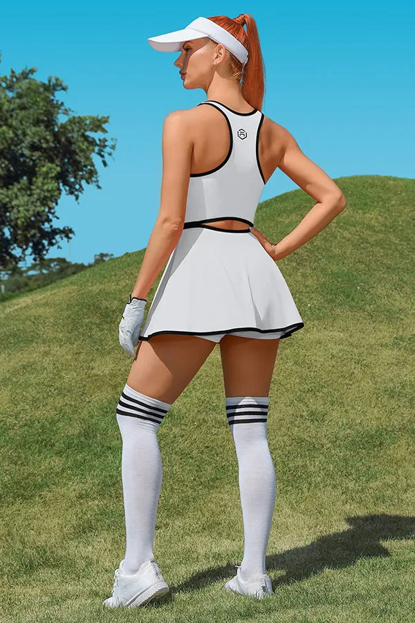 Clearance | White Tennis Dress Workout Dress with Shorts and Built-in Bra Sleeveless Athletic Racerback Golf Dress