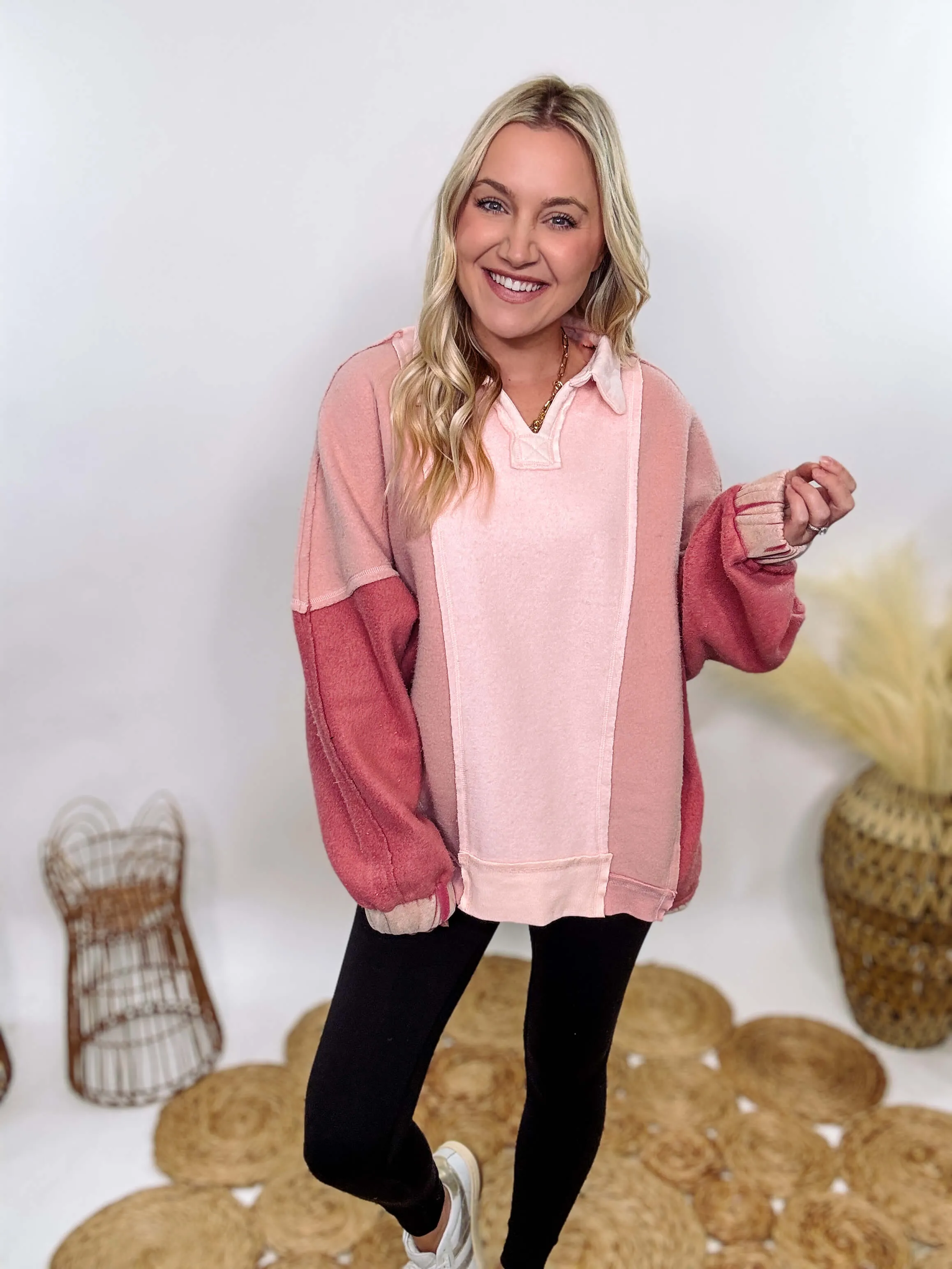 Cozy Pink Mauve Colorblock Oversized Pullover