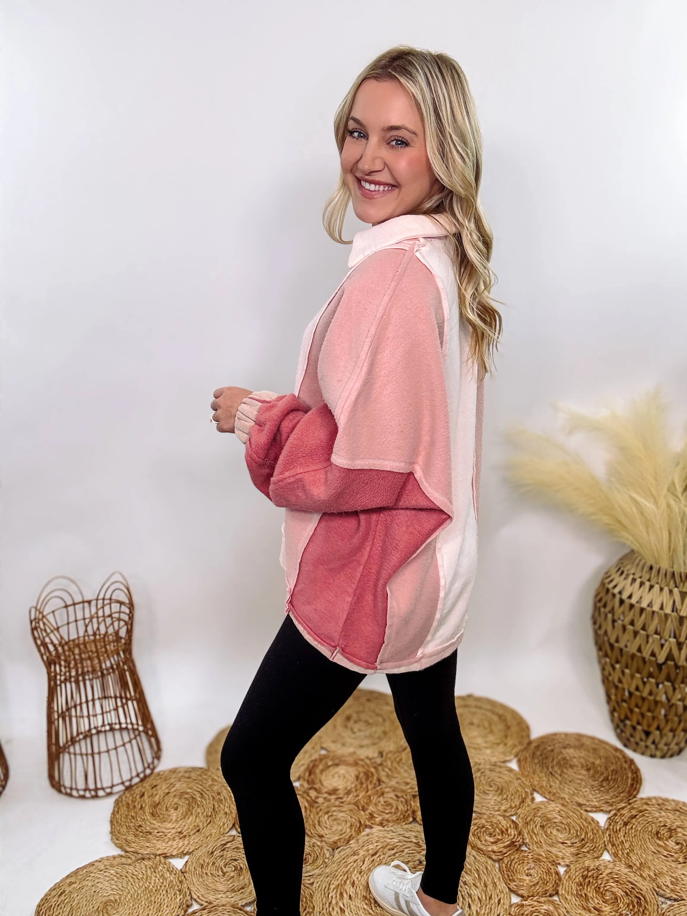 Cozy Pink Mauve Colorblock Oversized Pullover