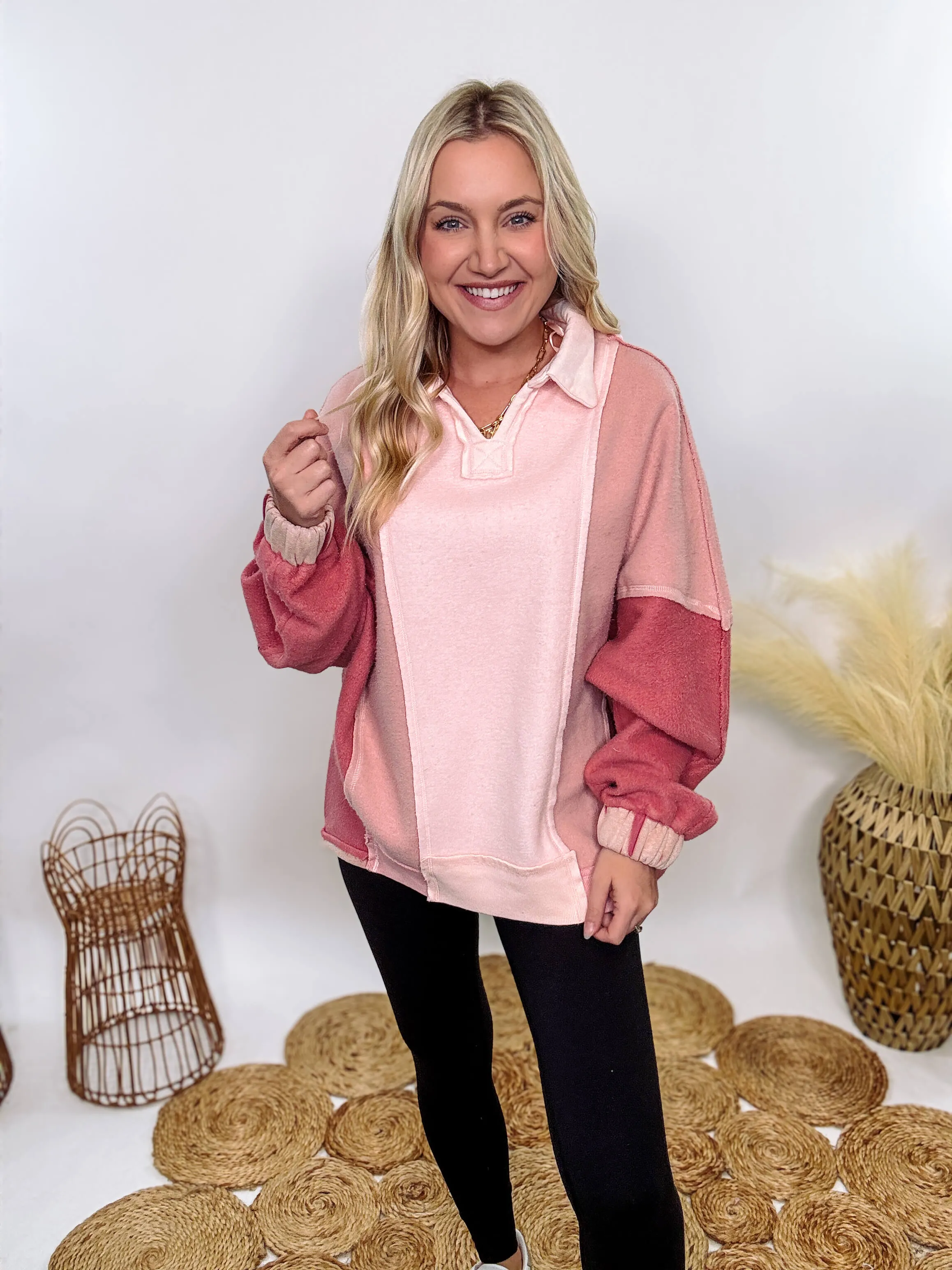 Cozy Pink Mauve Colorblock Oversized Pullover