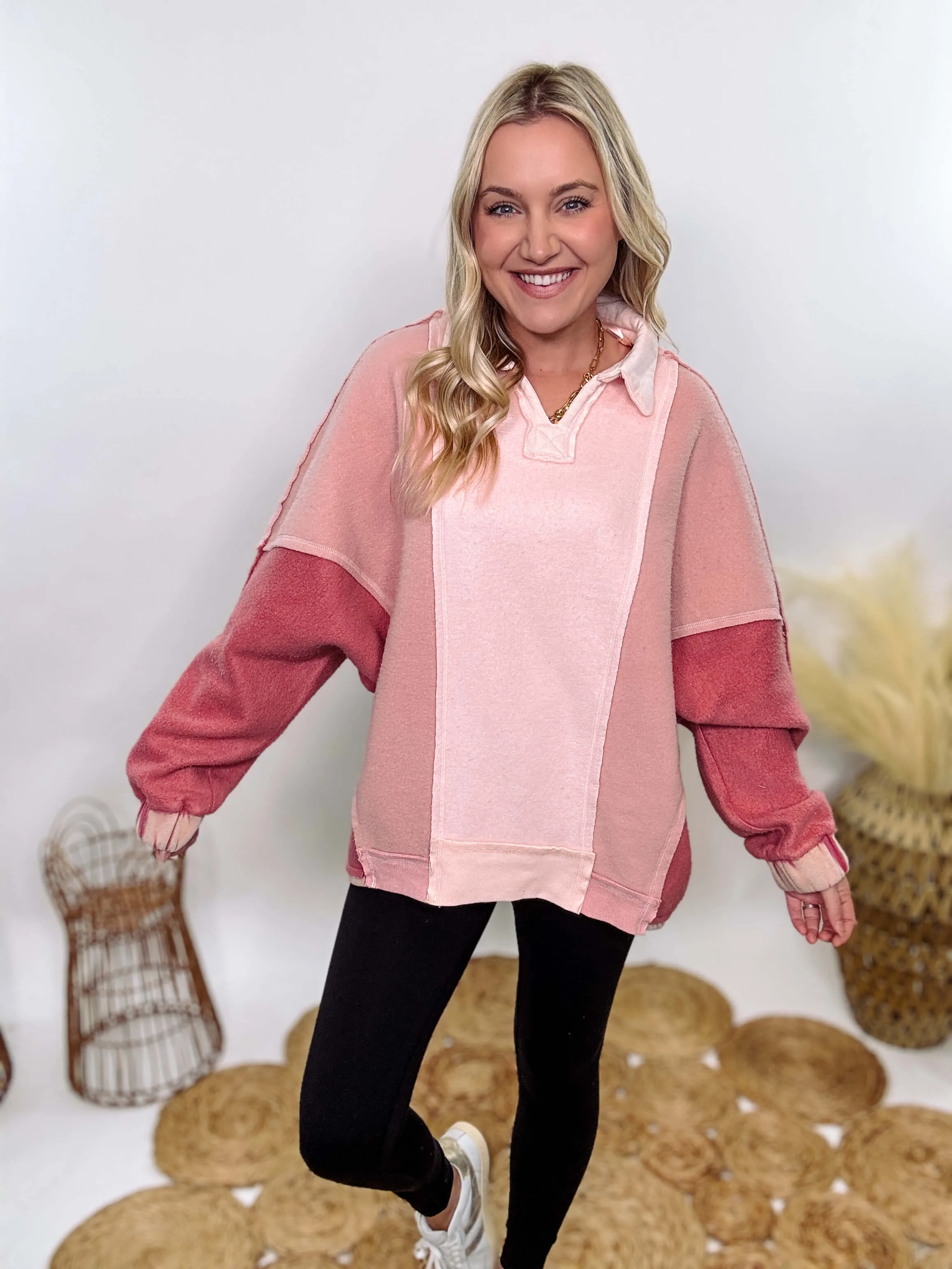 Cozy Pink Mauve Colorblock Oversized Pullover