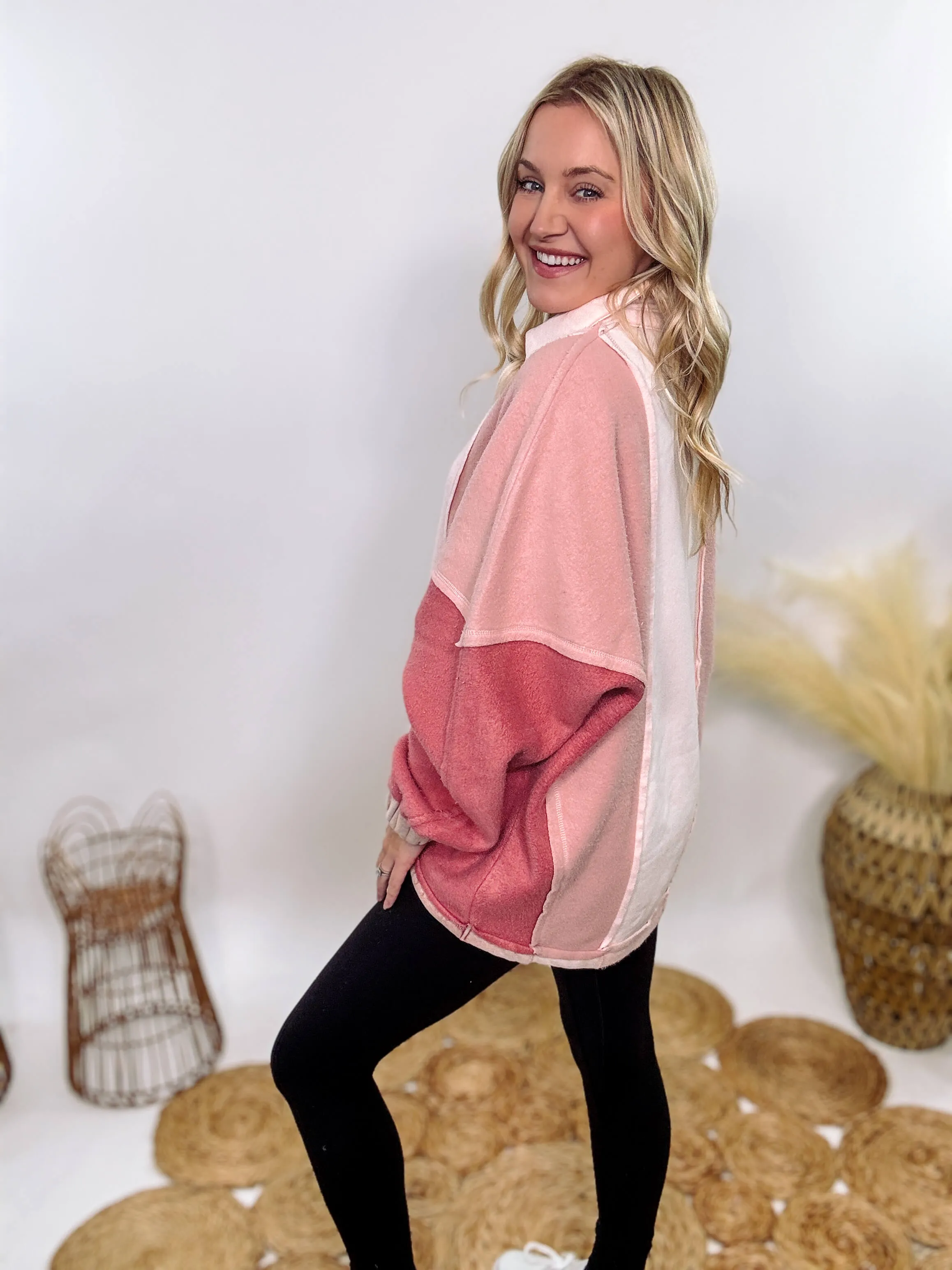 Cozy Pink Mauve Colorblock Oversized Pullover