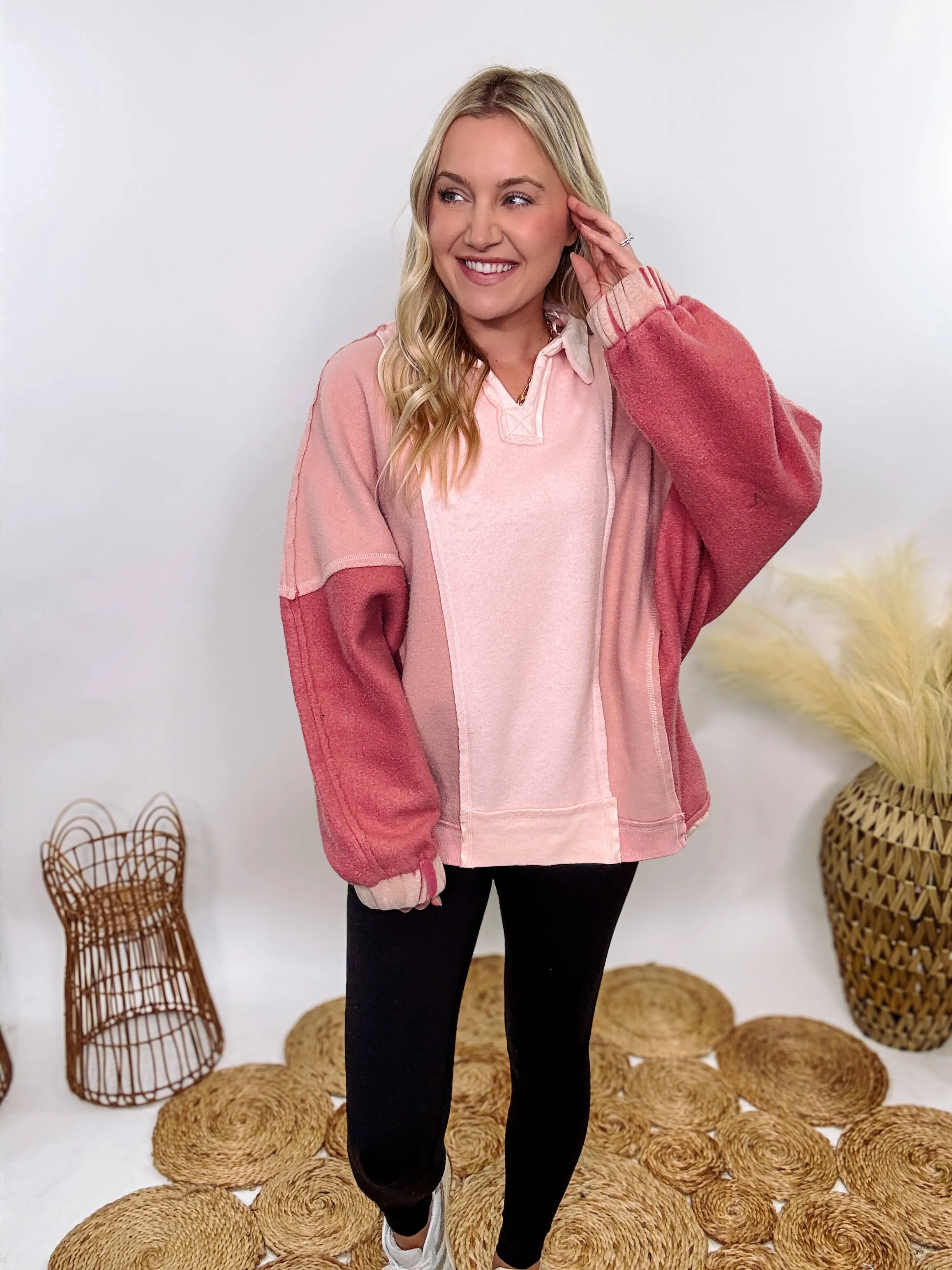 Cozy Pink Mauve Colorblock Oversized Pullover