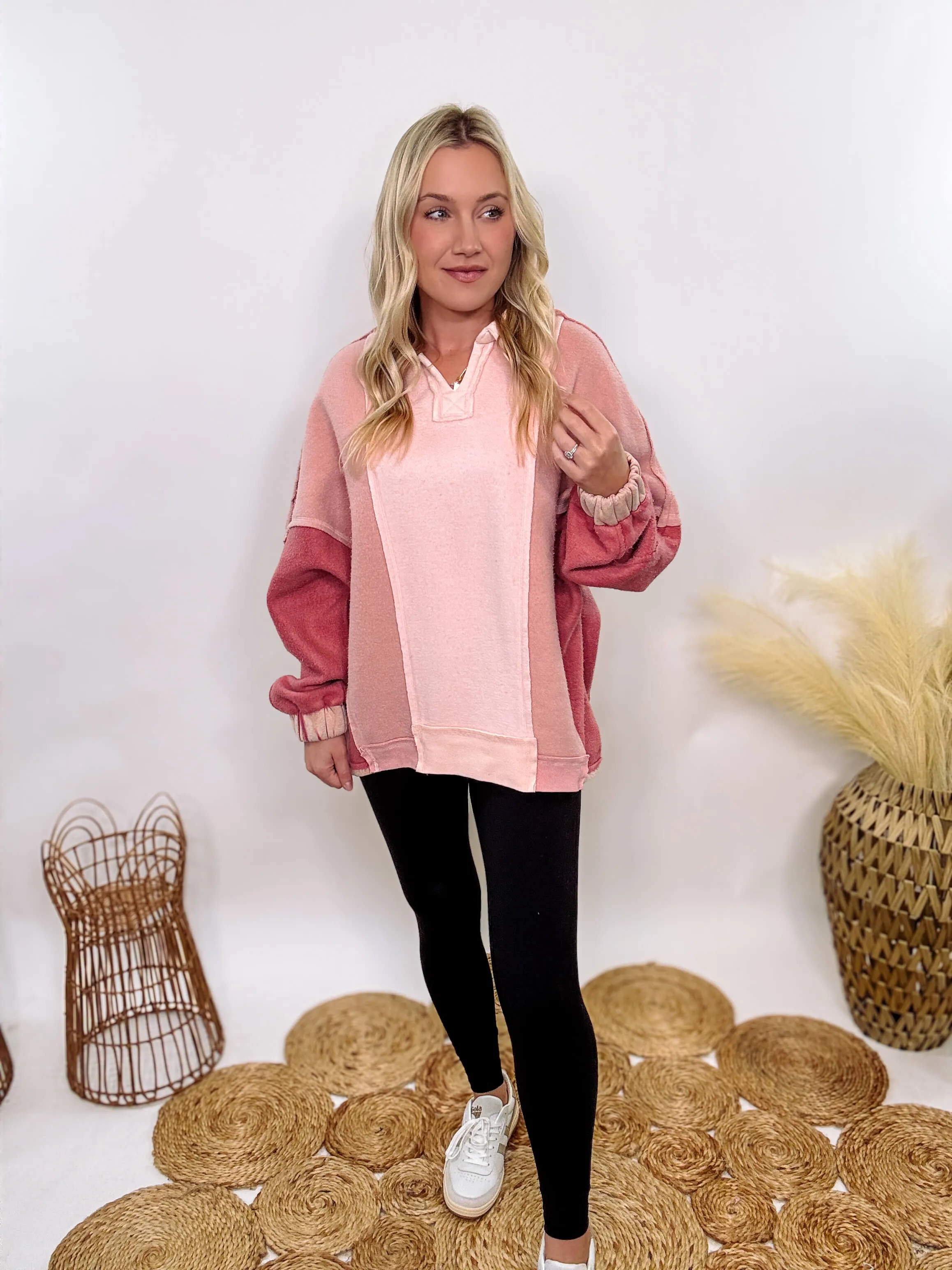 Cozy Pink Mauve Colorblock Oversized Pullover