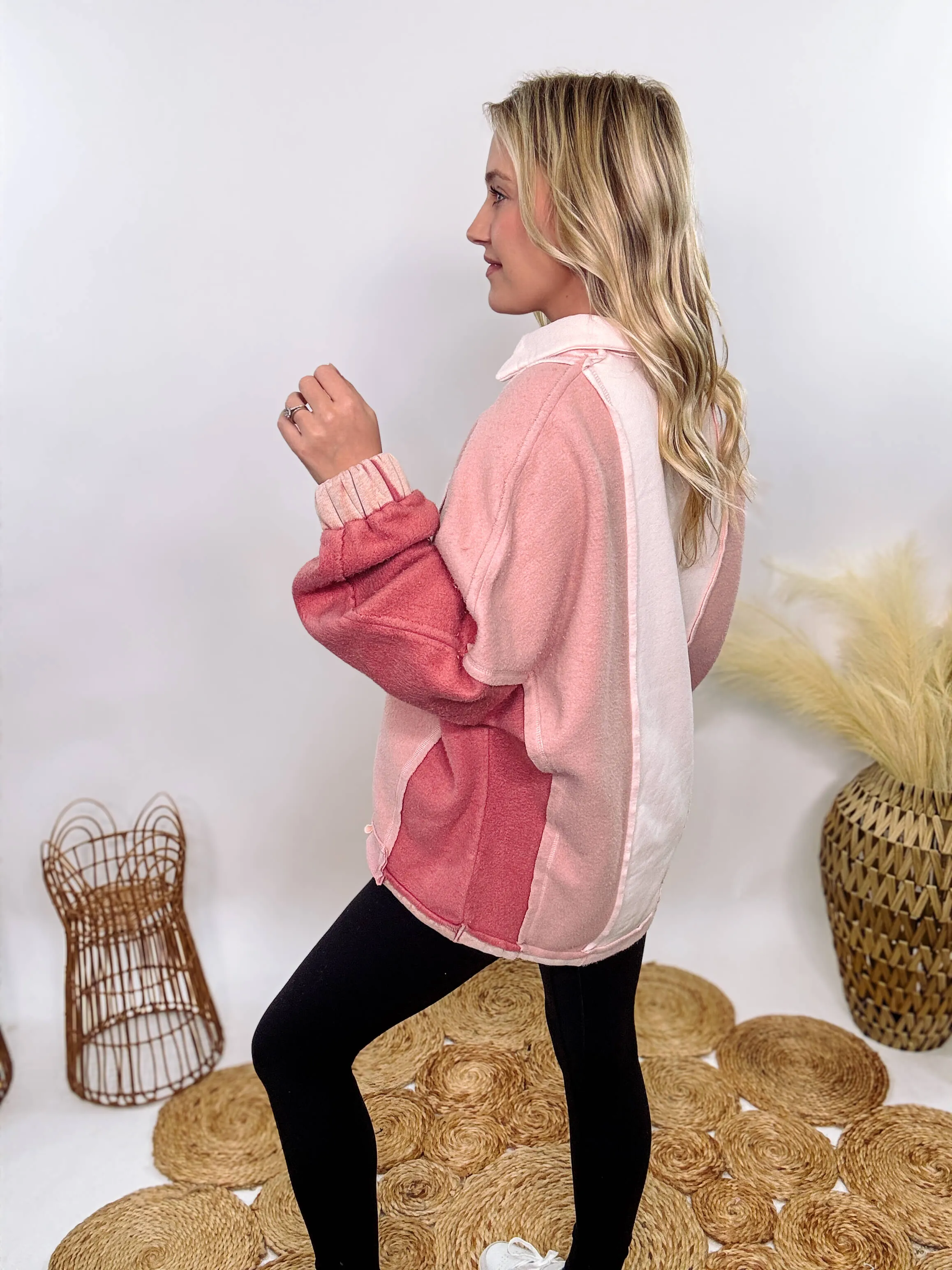 Cozy Pink Mauve Colorblock Oversized Pullover