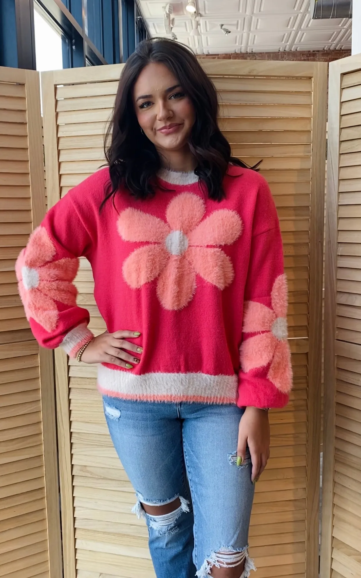 Daisy Love Sweater | Hot Coral