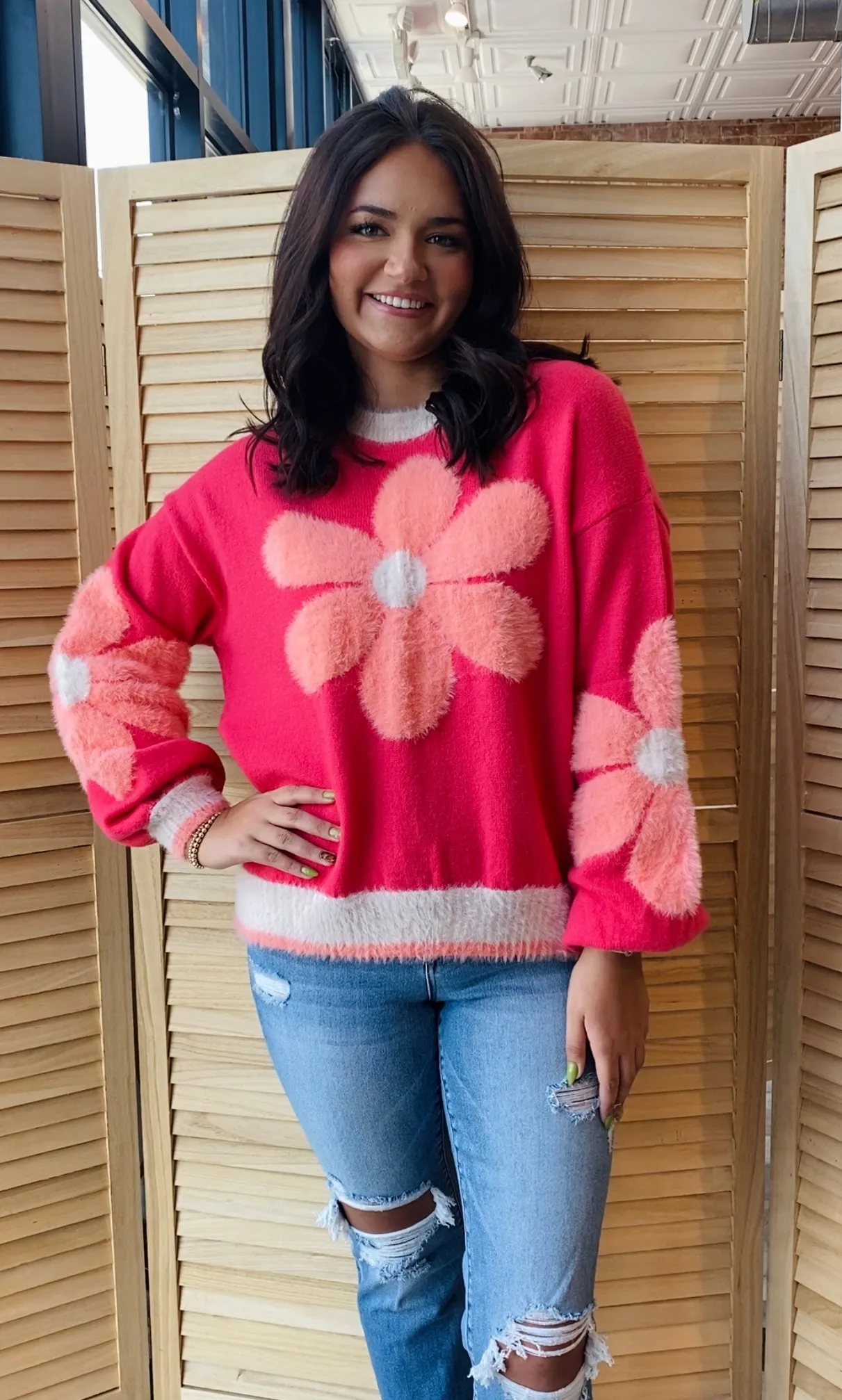 Daisy Love Sweater | Hot Coral