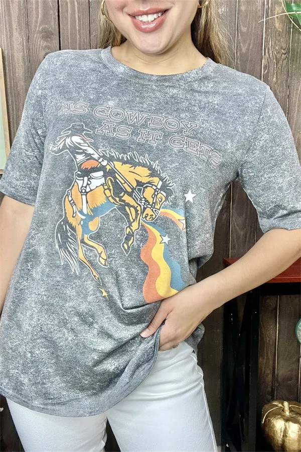 DLH13538 "AS COWBOY AS IT GETS"riding horse tie-dye gray multi color printed short sleeve women tops (DS10)