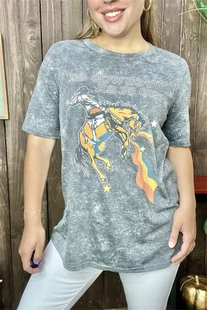 DLH13538 "AS COWBOY AS IT GETS"riding horse tie-dye gray multi color printed short sleeve women tops (DS10)