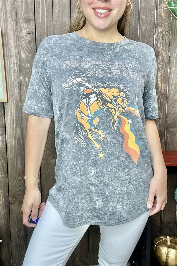 DLH13538 "AS COWBOY AS IT GETS"riding horse tie-dye gray multi color printed short sleeve women tops (DS10)