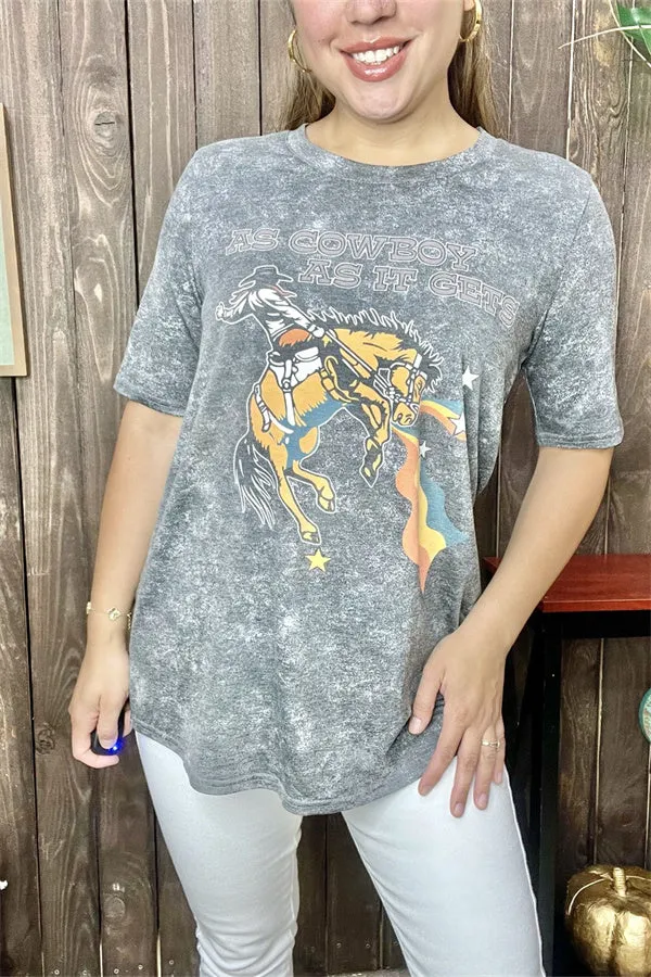 DLH13538 "AS COWBOY AS IT GETS"riding horse tie-dye gray multi color printed short sleeve women tops