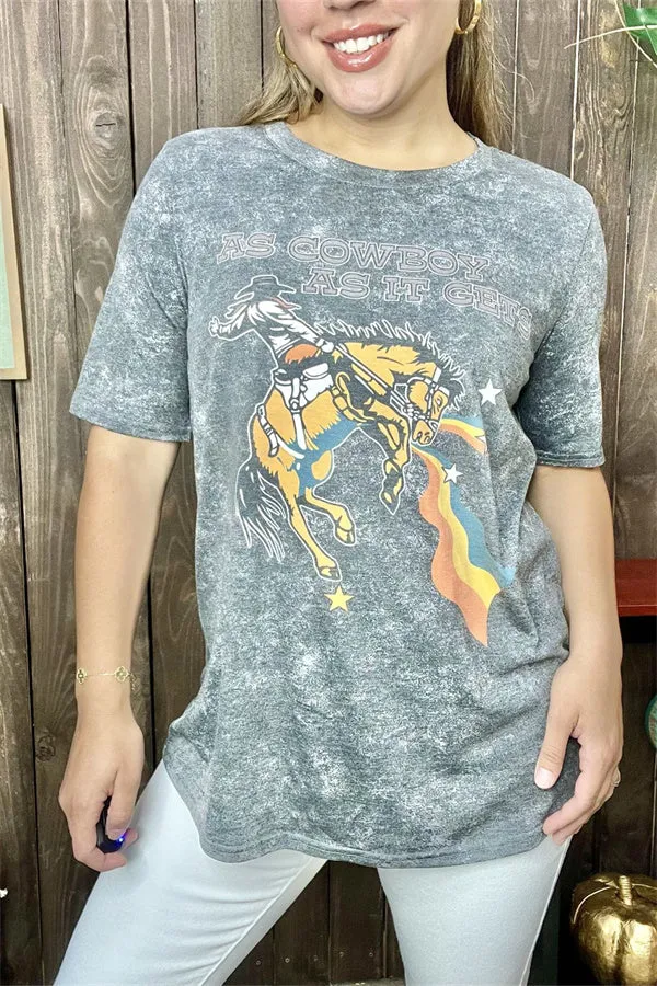 DLH13538 "AS COWBOY AS IT GETS"riding horse tie-dye gray multi color printed short sleeve women tops