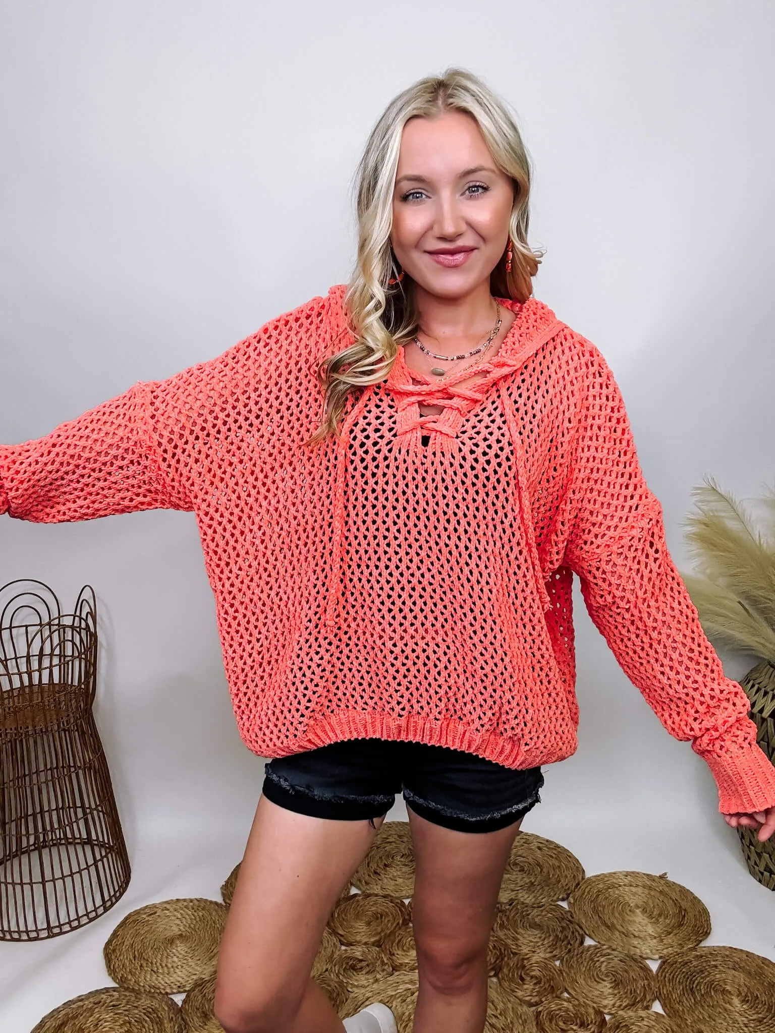 DOORBUSTER - Coral Lace Up Cable Knit Chenille Hoodie Summer Sweater