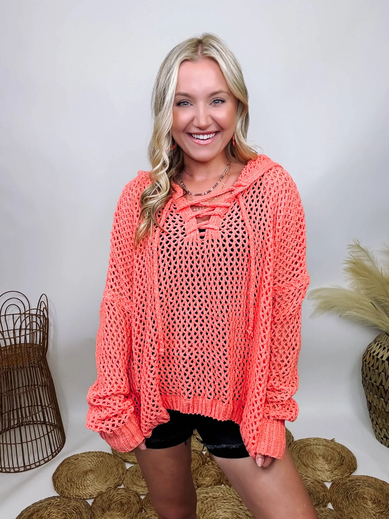 DOORBUSTER - Coral Lace Up Cable Knit Chenille Hoodie Summer Sweater