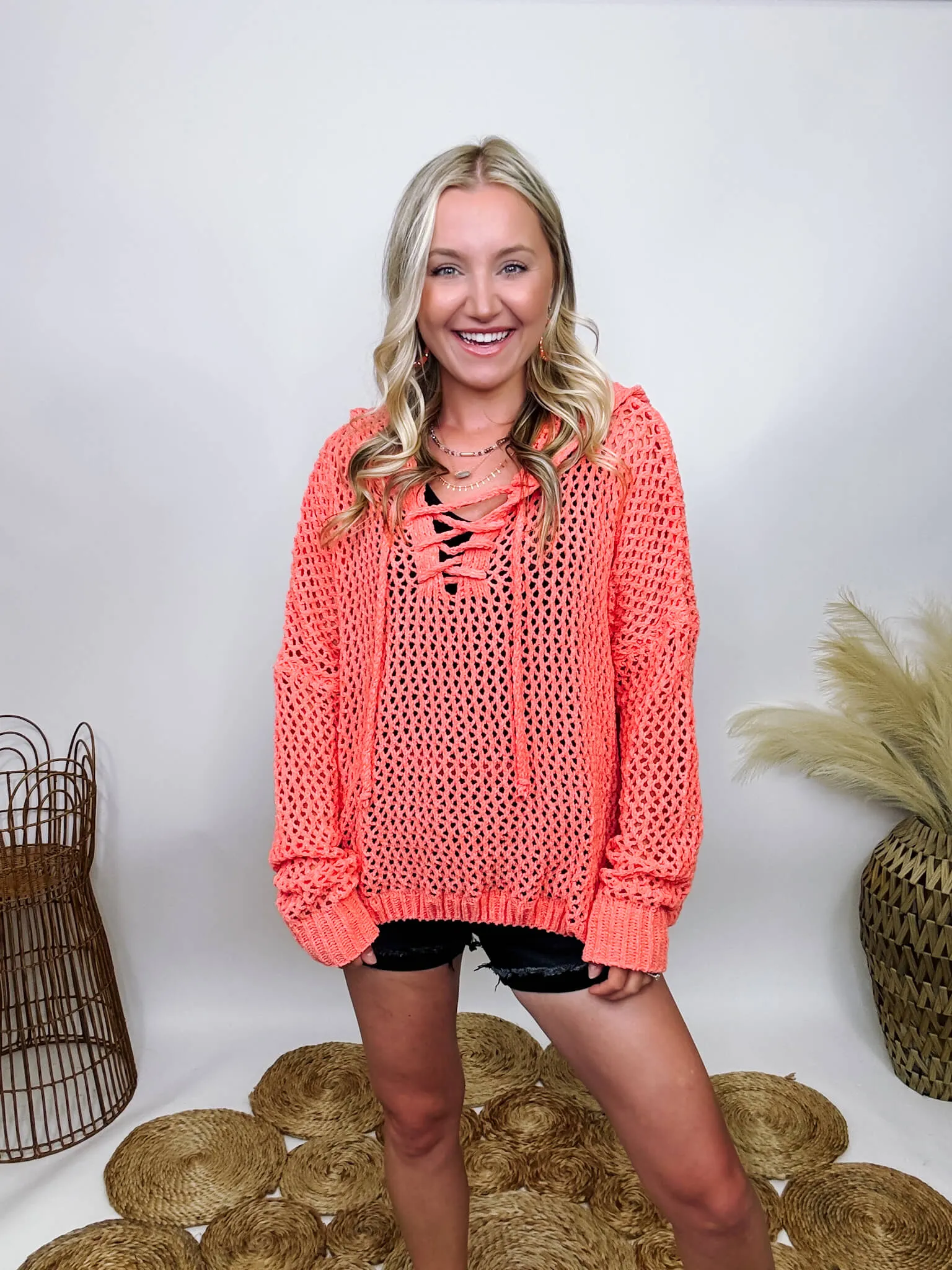 DOORBUSTER - Coral Lace Up Cable Knit Chenille Hoodie Summer Sweater