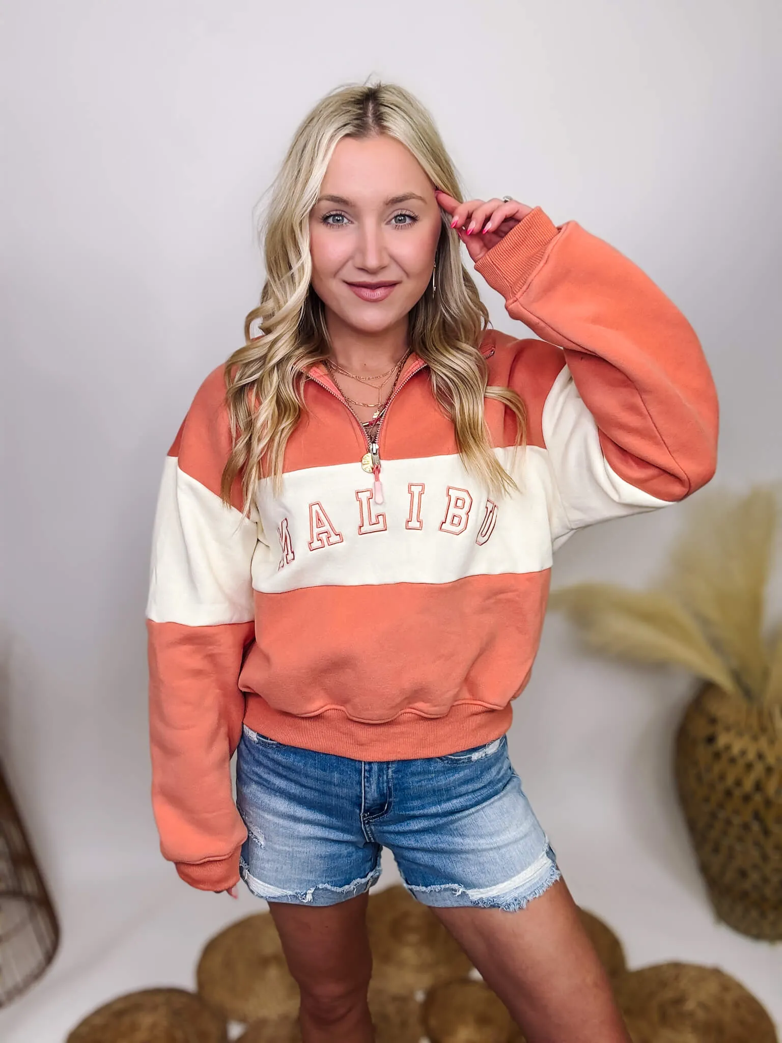 DOORBUSTER - Malibu Coral and Ivory Half Zip Collared Pullover