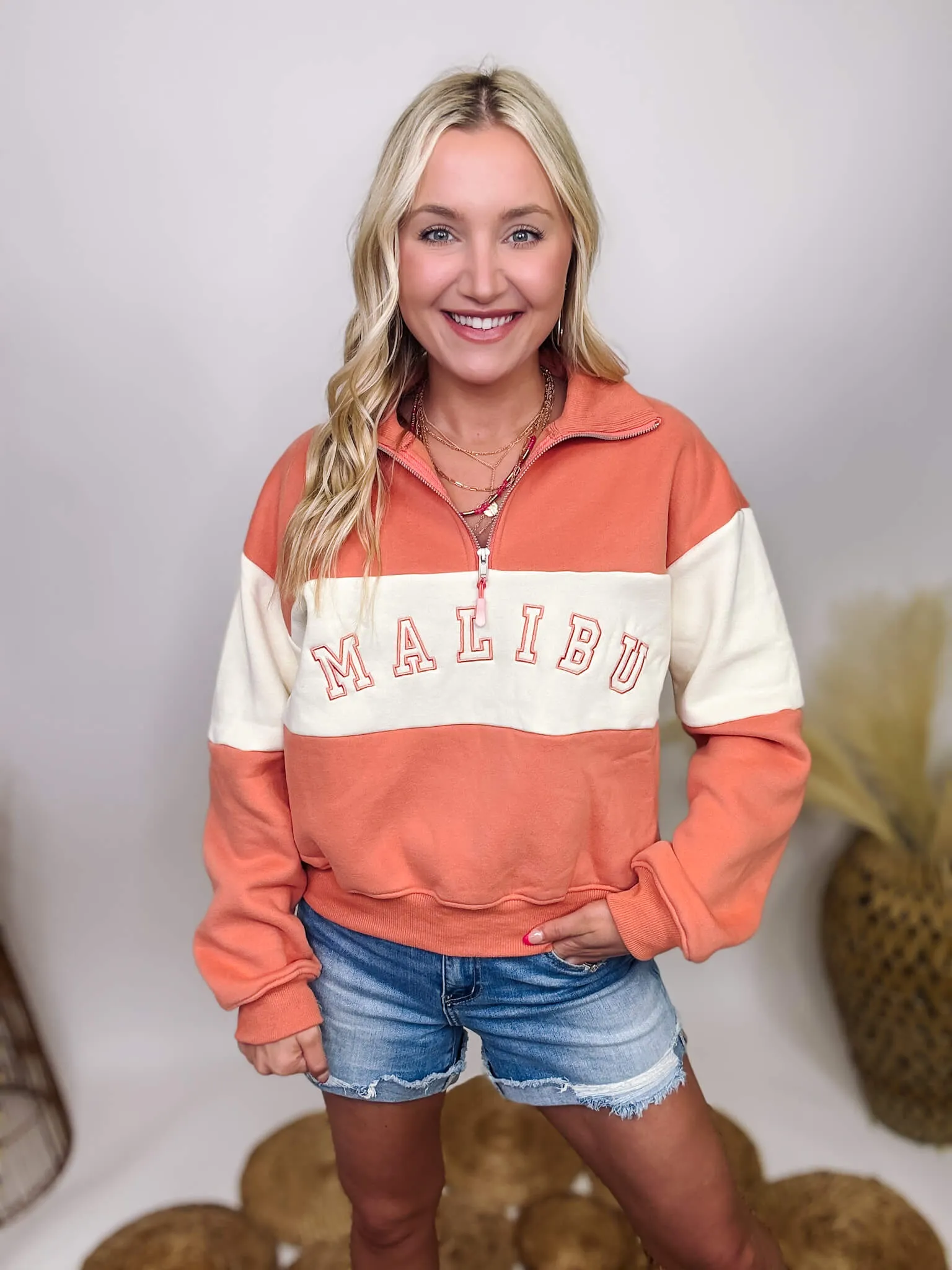 DOORBUSTER - Malibu Coral and Ivory Half Zip Collared Pullover