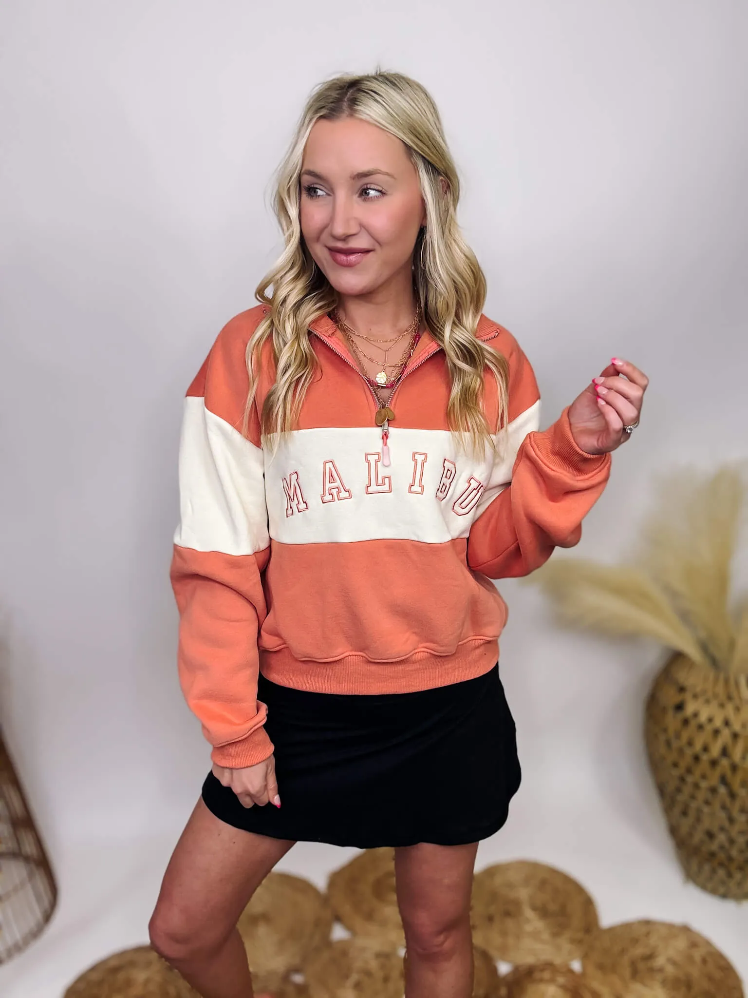 DOORBUSTER - Malibu Coral and Ivory Half Zip Collared Pullover