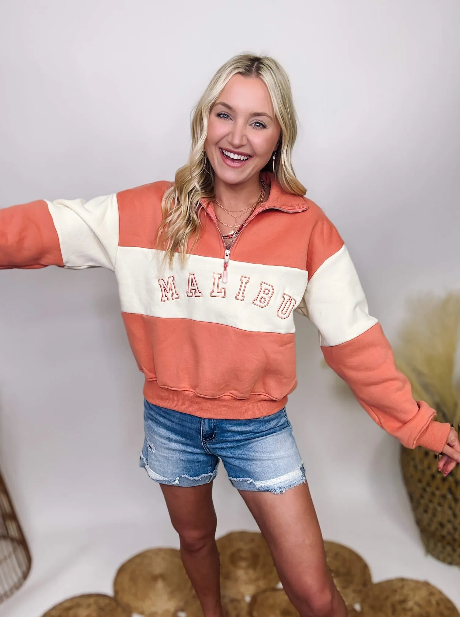 DOORBUSTER - Malibu Coral and Ivory Half Zip Collared Pullover