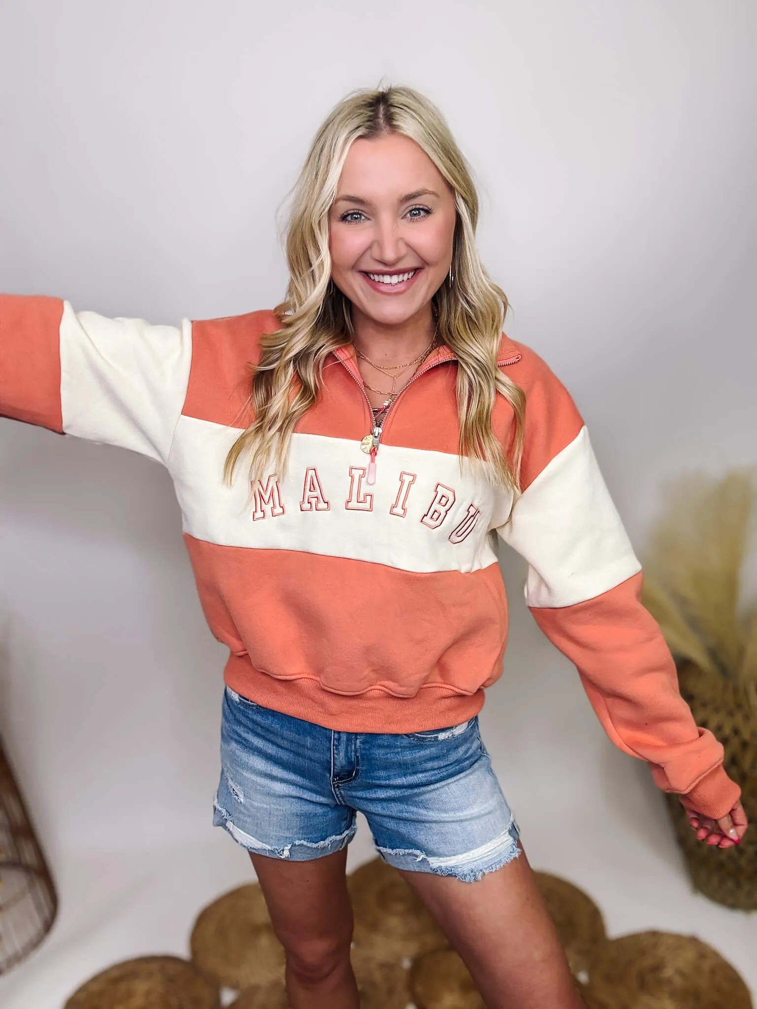 DOORBUSTER - Malibu Coral and Ivory Half Zip Collared Pullover