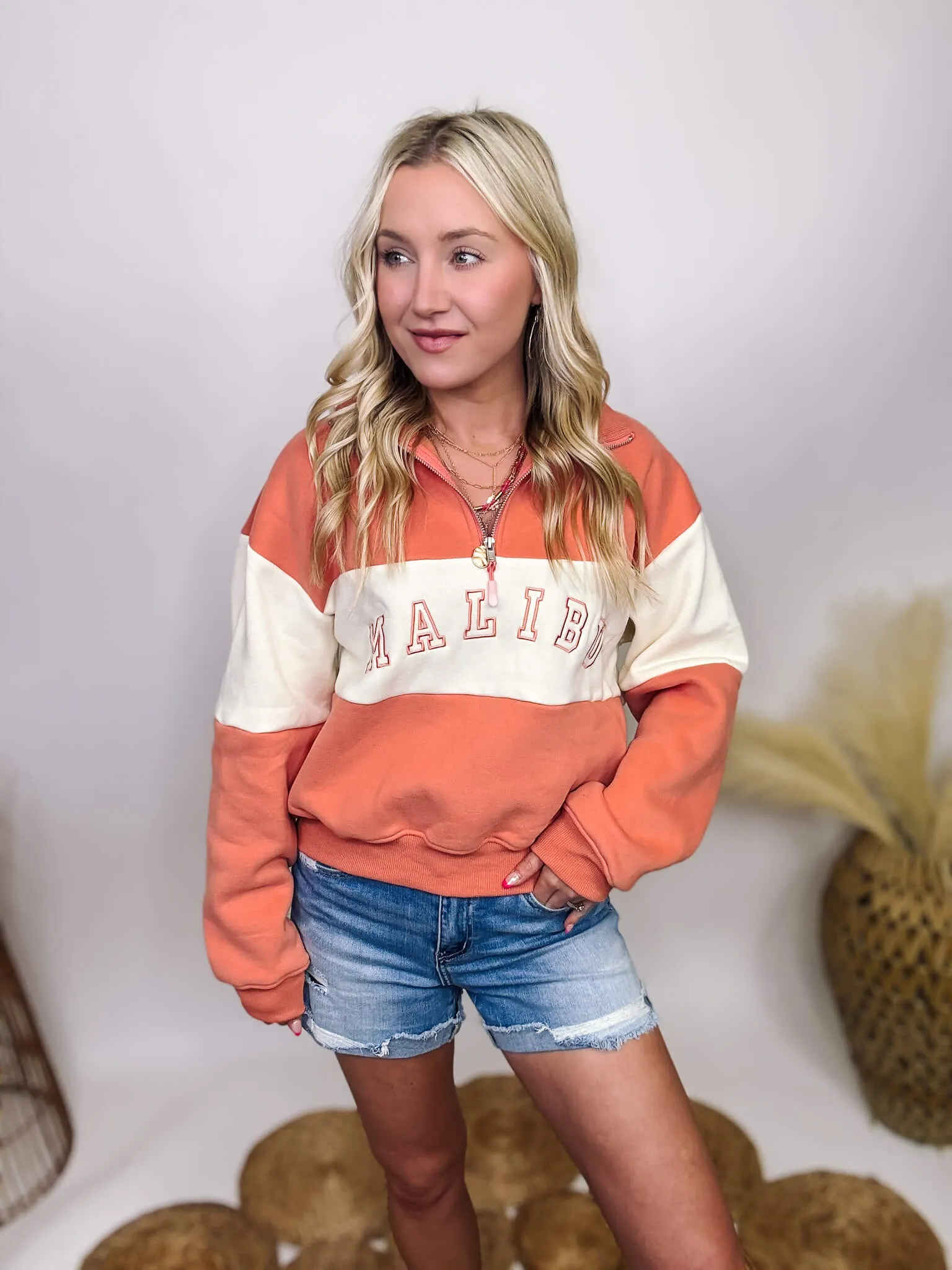 DOORBUSTER - Malibu Coral and Ivory Half Zip Collared Pullover