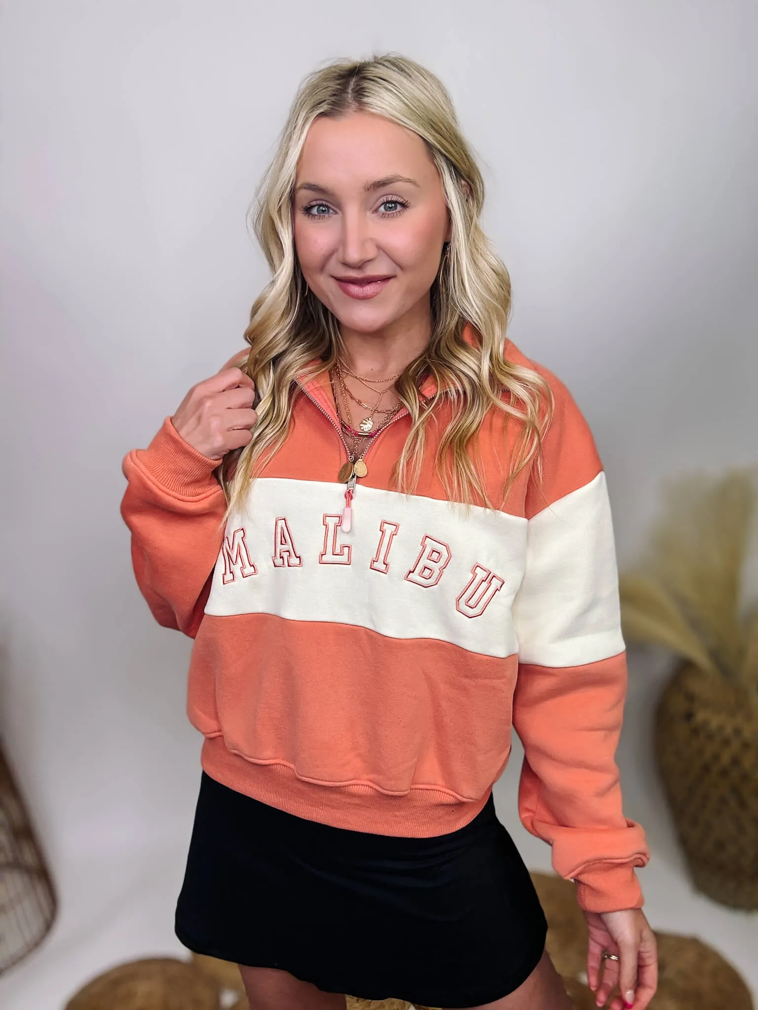 DOORBUSTER - Malibu Coral and Ivory Half Zip Collared Pullover